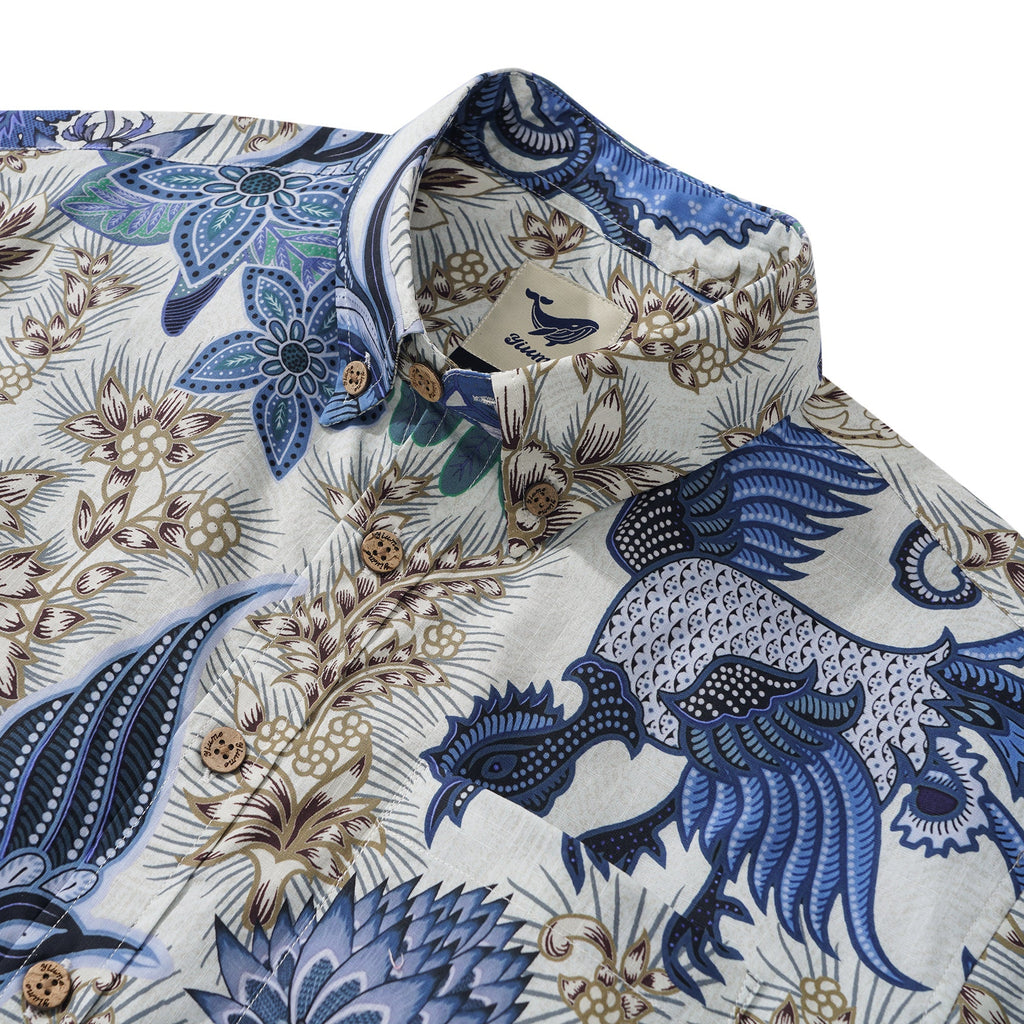 Men's Hawaiian Shirt Short Sleeve Button-down 100% Cotton Blue Phoenix Aloha Shirt By Sun