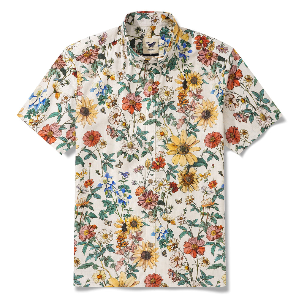 Men's Hawaiian Shirt Short Sleeve Button-down 100% Cotton Beige Aloha Floral Reverie By Zeke