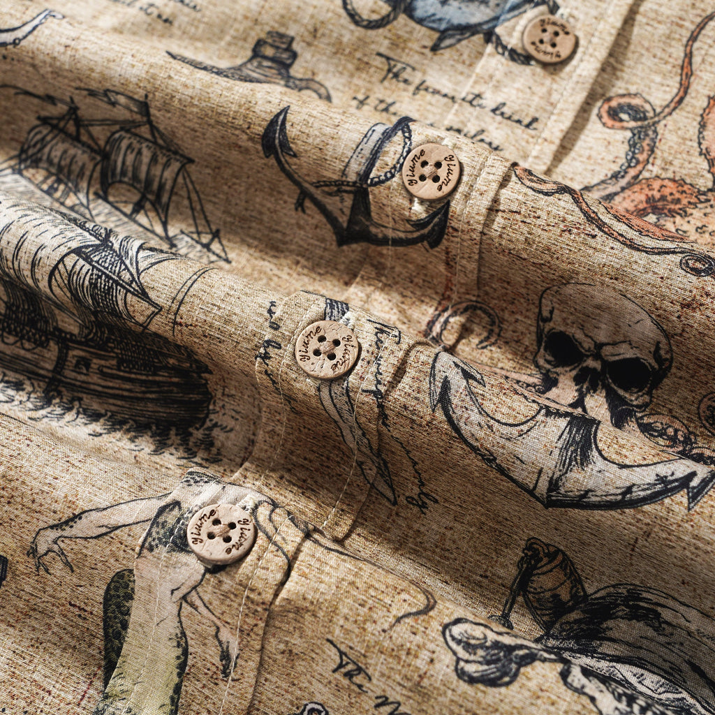 Men's Hawaiian Shirt Short Sleeve Button-down 100% Cotton Beige Aloha Pirate’s Log: The Sea Monster By Yakima