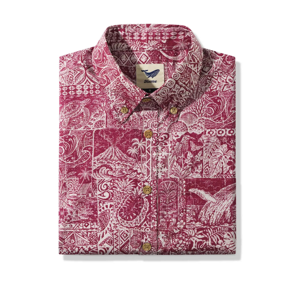 Men's Hawaiian Shirt Short Sleeve Button-down 100% Cotton Red Aloha Tiki  Isle Archive - Burgundy Red By Cigar