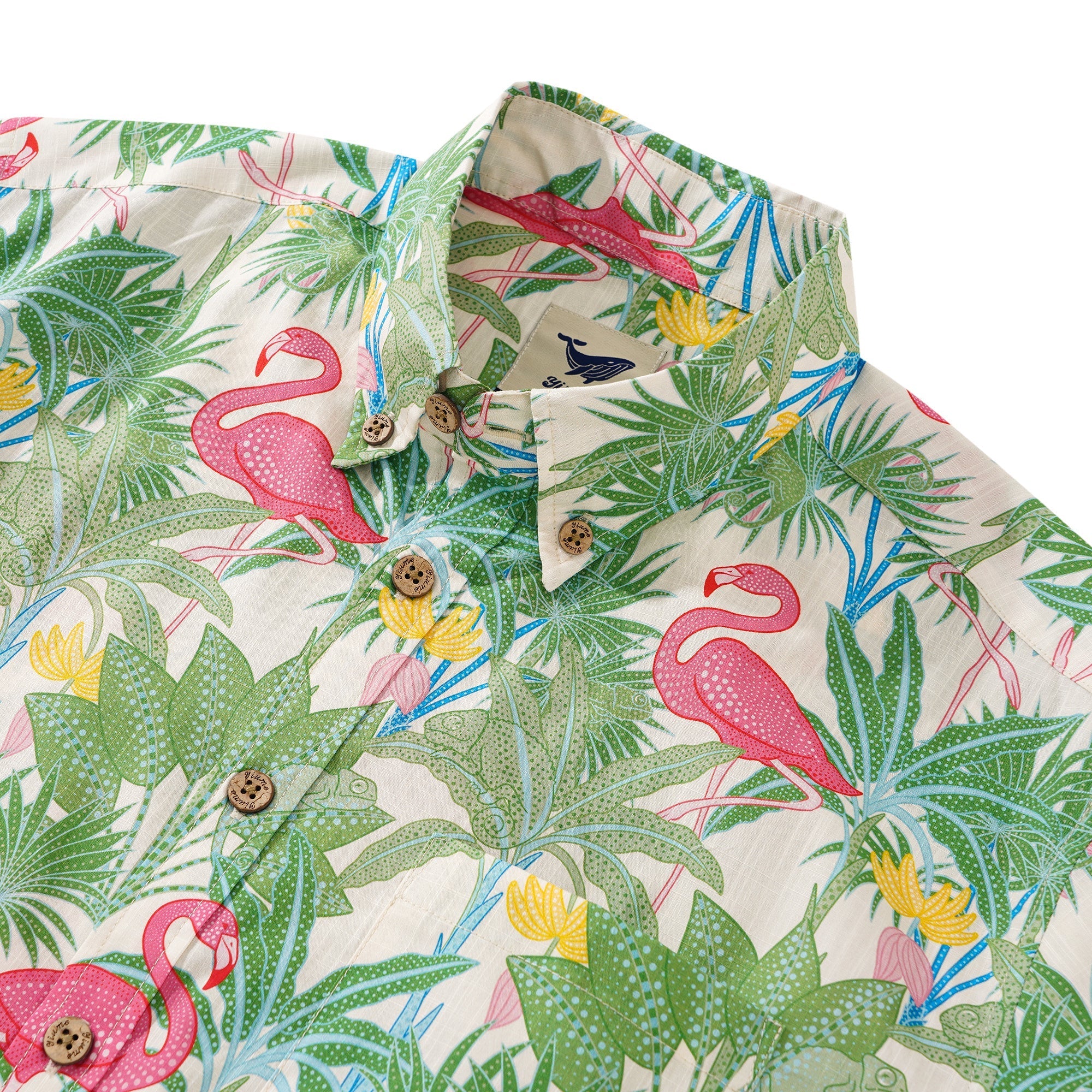 Chemise hawaïenne masculine bouton à manches courtes 100% coton beige alloha flamants et caméléons par house of haricot