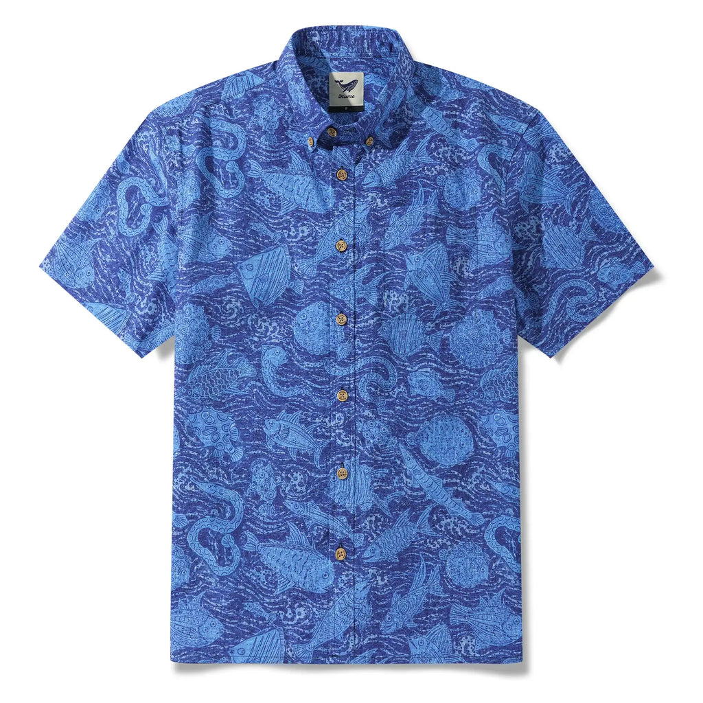 Men's Hawaiian Shirt Short Sleeve Button-down 100% Cotton Blue Aloha Indigo School Of Fish By Huan huan