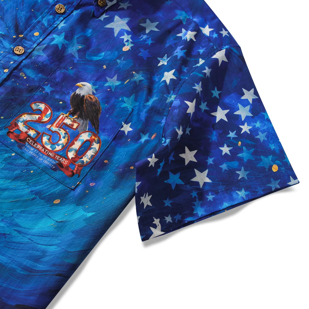 America 250 Men's Hawaiian Shirt Short Sleeve Button-down 100% Cotton Blue Aloha Starry Night Fireworks 250 Celebration By Yana