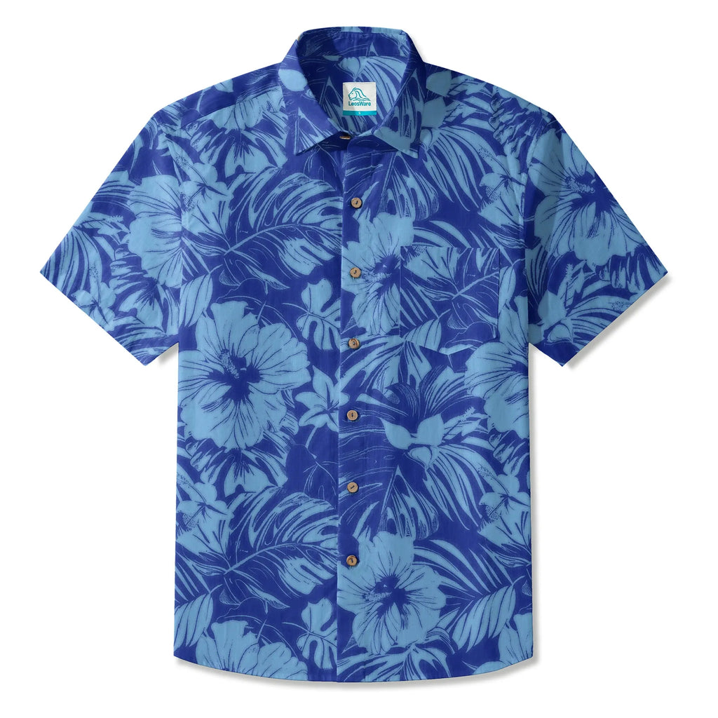 LeosWare® Hibiscus Flower Men's Hawaiian Shirt Short Sleeve Button-up 100% Cotton Blue Aloha Blue Serenity By Ann