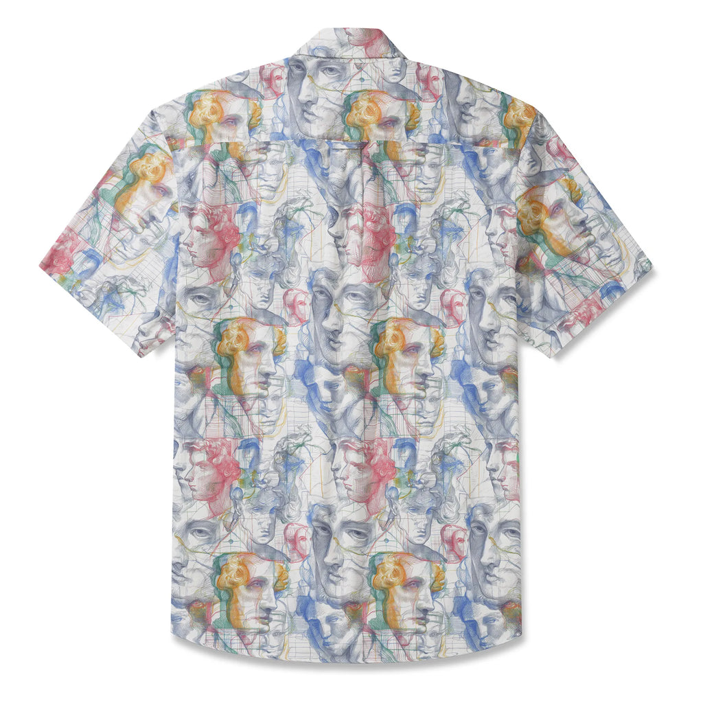 LeosWare® Men's Hawaiian Shirt Short Sleeve Button-up 100% Cotton White Aloha Master Sketch Fantasia By Ann