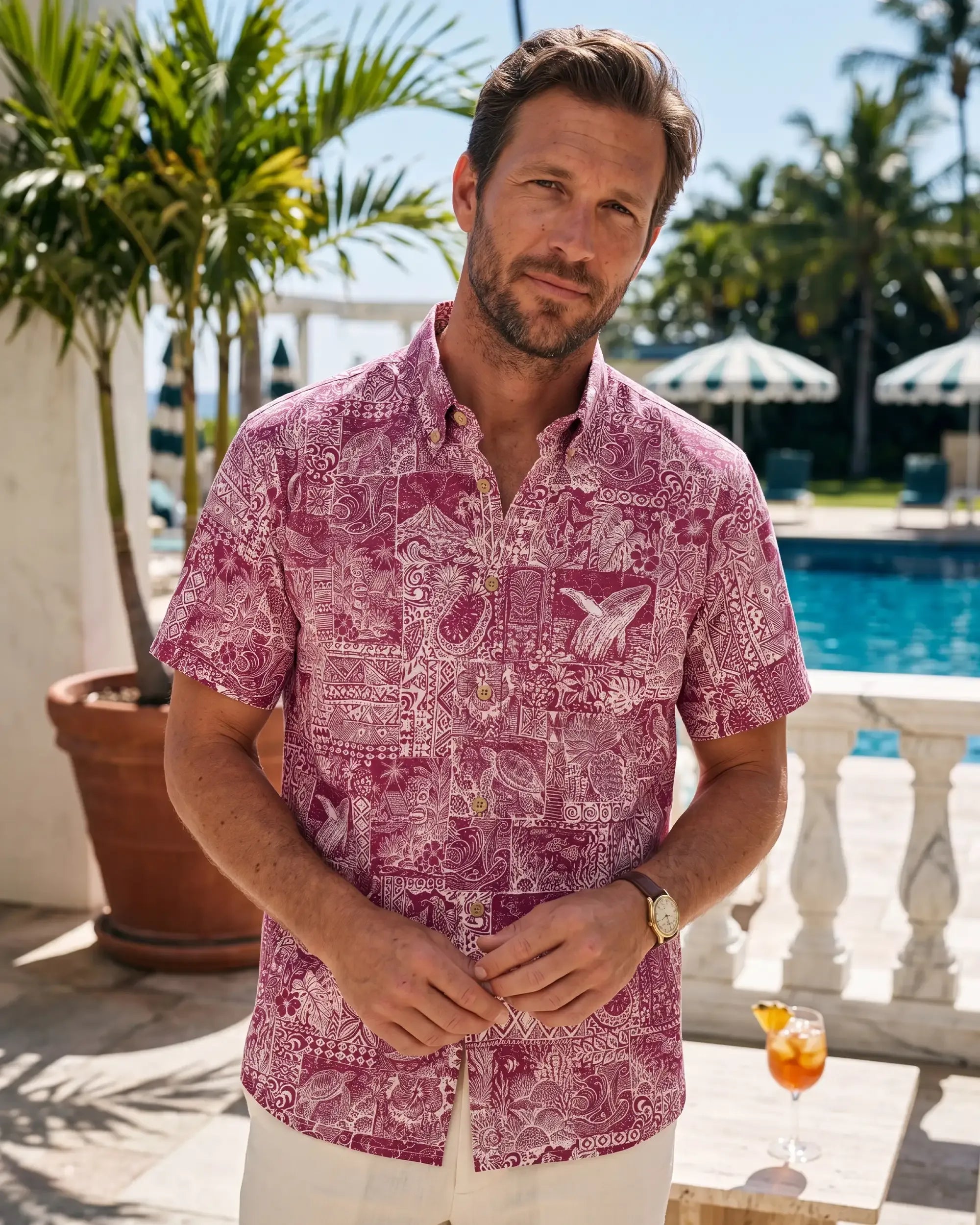 Men's Hawaiian Shirt Short Sleeve Button-down 100% Cotton Red Aloha Tiki  Isle Archive - Burgundy Red By Cigar