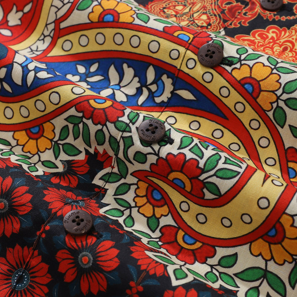 100% Cotton Hawaiian Shirt For Men Red pattern Camp Collar Shirt By Sun