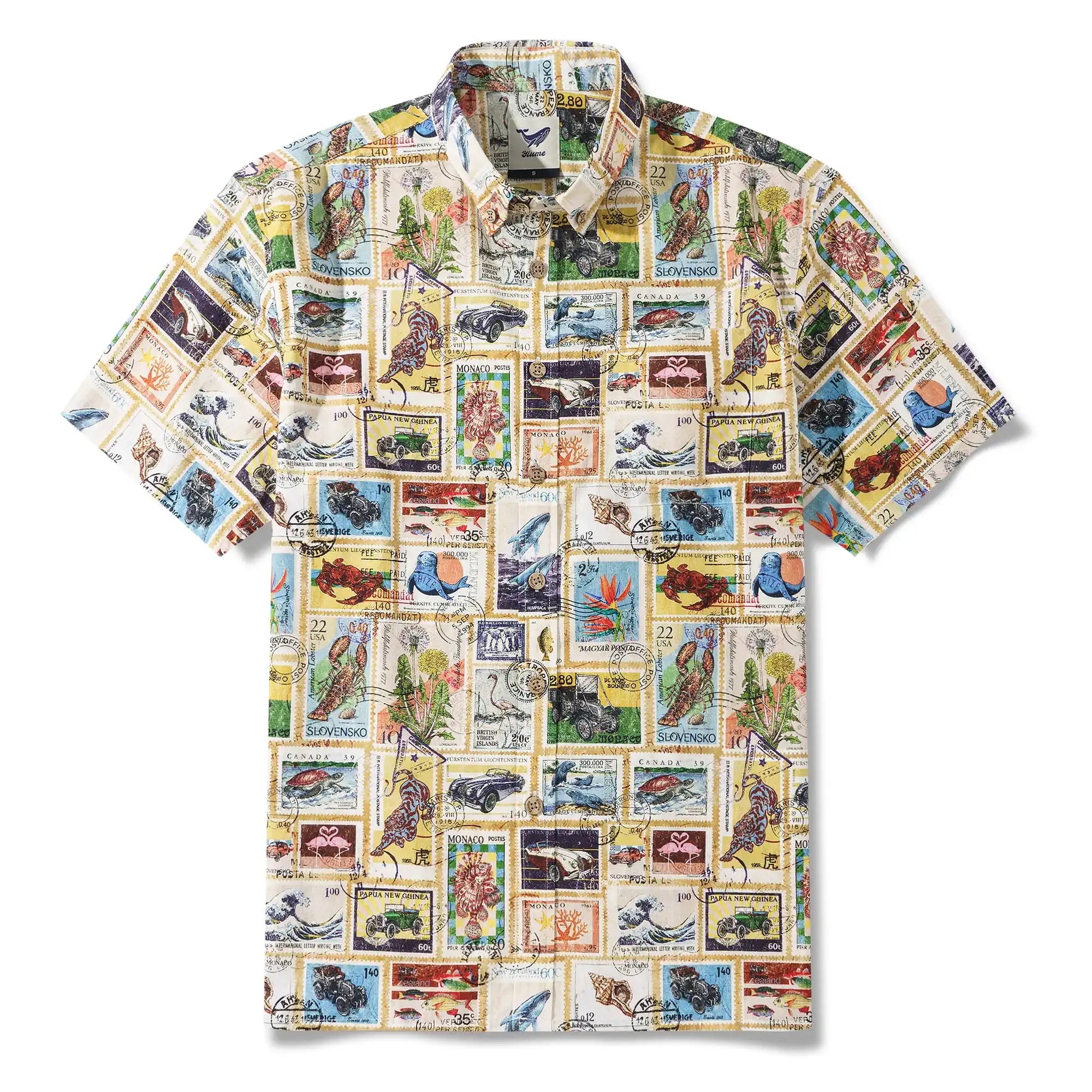 Men's Hawaiian Shirt Short Sleeve Button-down 100% Cotton White Aloha Nautical Vintage Car Postage Stamp Collage By Huan huan