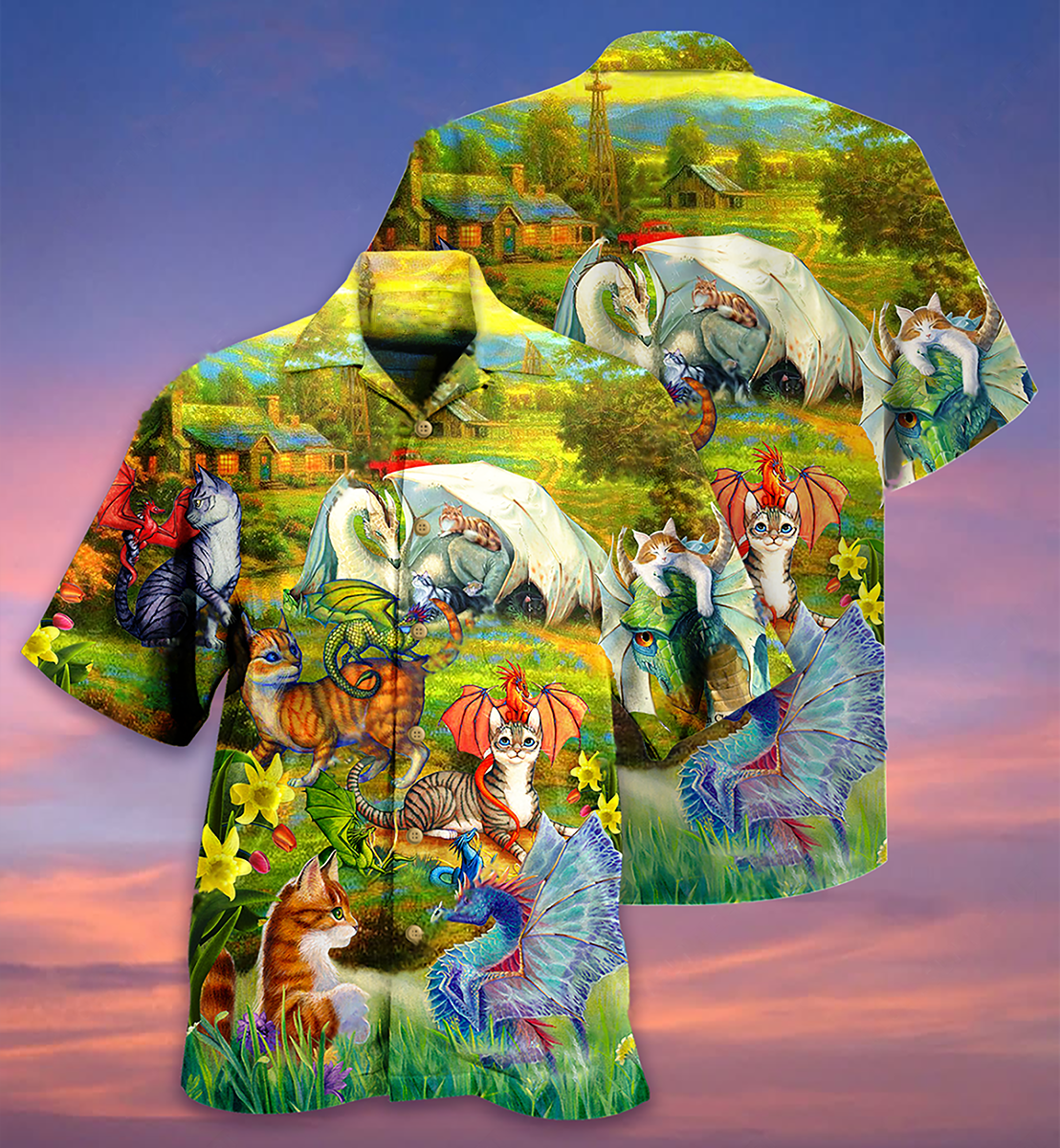 Dragon And Cats Love Life Beautiful Nature- Hawaiian Shirt