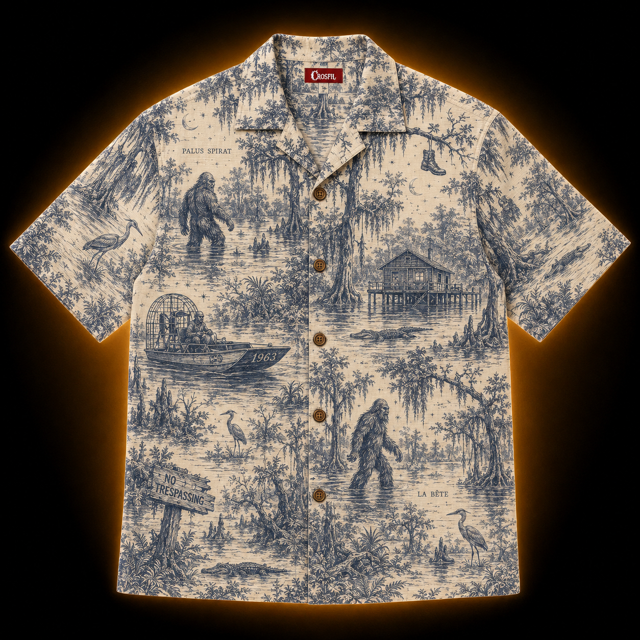 Crosfil The Bayou File 1963 Hawaiian Shirt — Swamp Bigfoot Toile Print