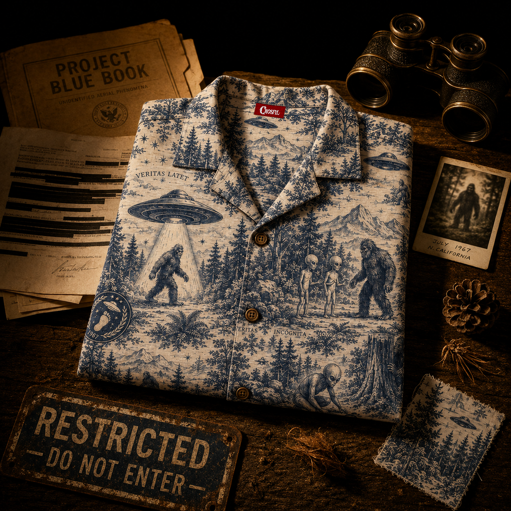 Toile de Cryptide — Vintage Cryptid Narrative Hawaiian Shirt