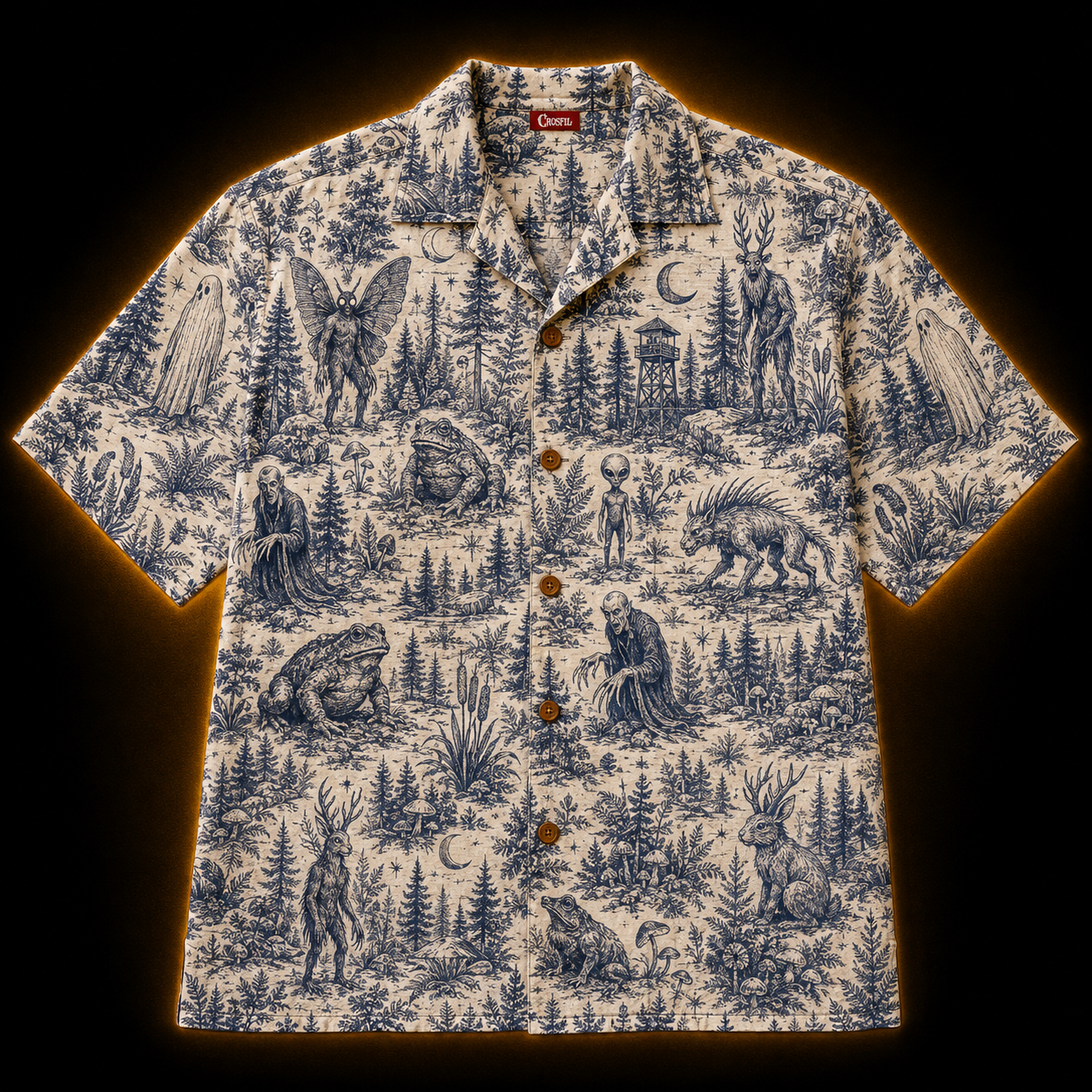 Crosfil Cryptid Toile Hawaiian Shirt — Dark Forest Toile de Jouy Print