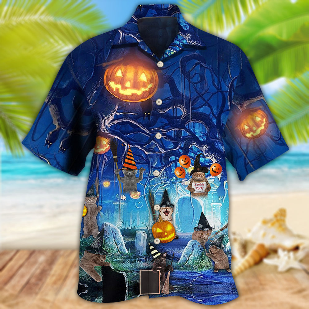 Halloween Night Cat Blue - Hawaiian Shirt