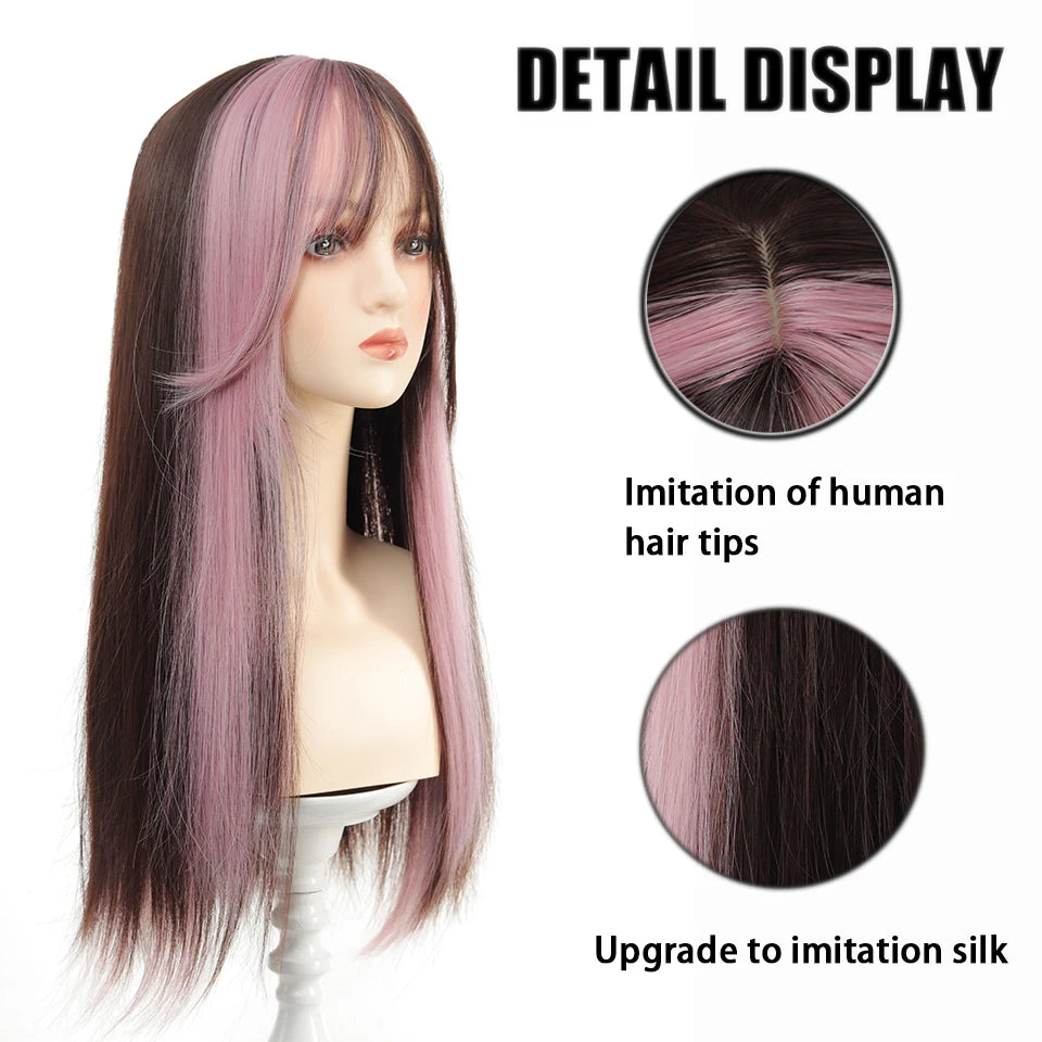 Synthetic 24 inch Loiita Black Pink Tousled Long Straight Wig Double Ponytail Hair Extensions cosplay wig Christmas  2026