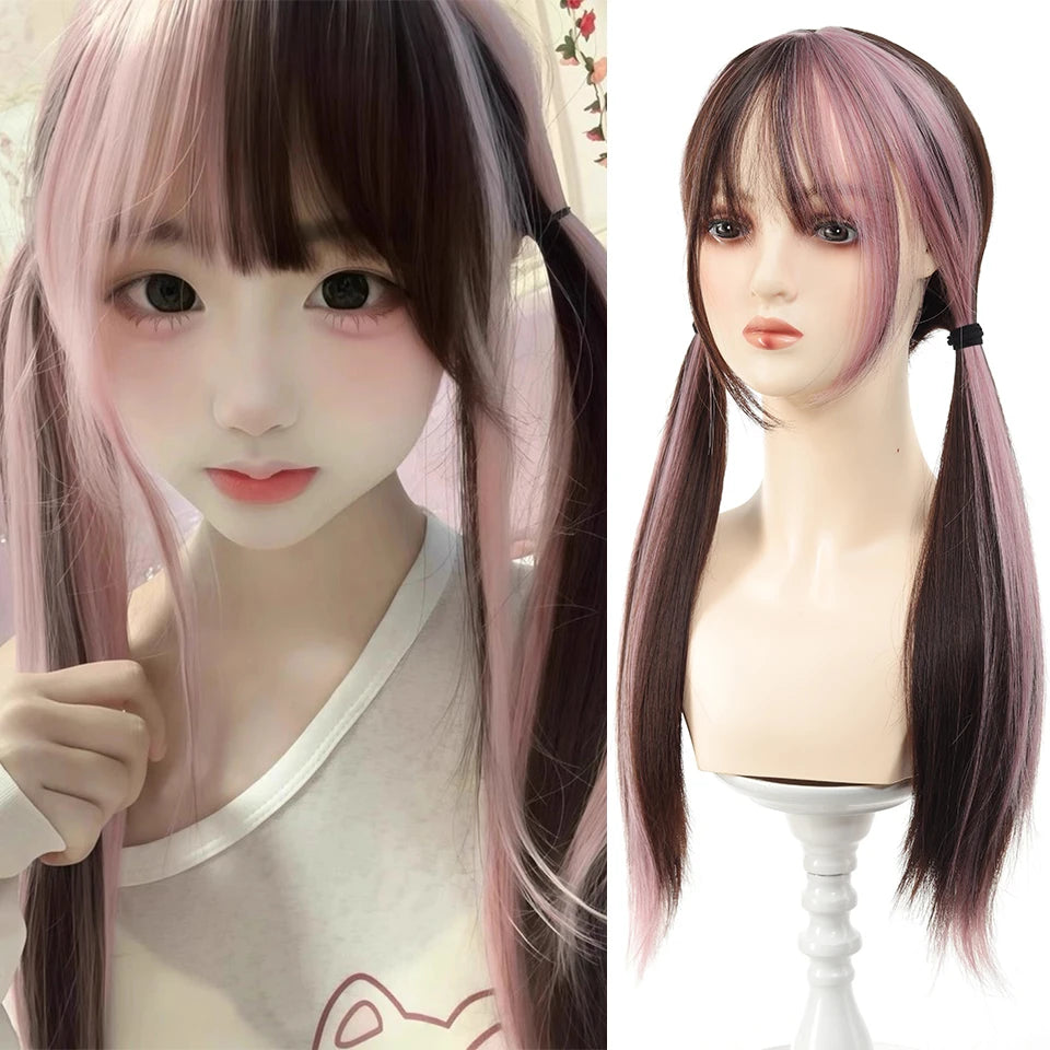 Synthetic 24 inch Loiita Black Pink Tousled Long Straight Wig Double Ponytail Hair Extensions cosplay wig Christmas  2026