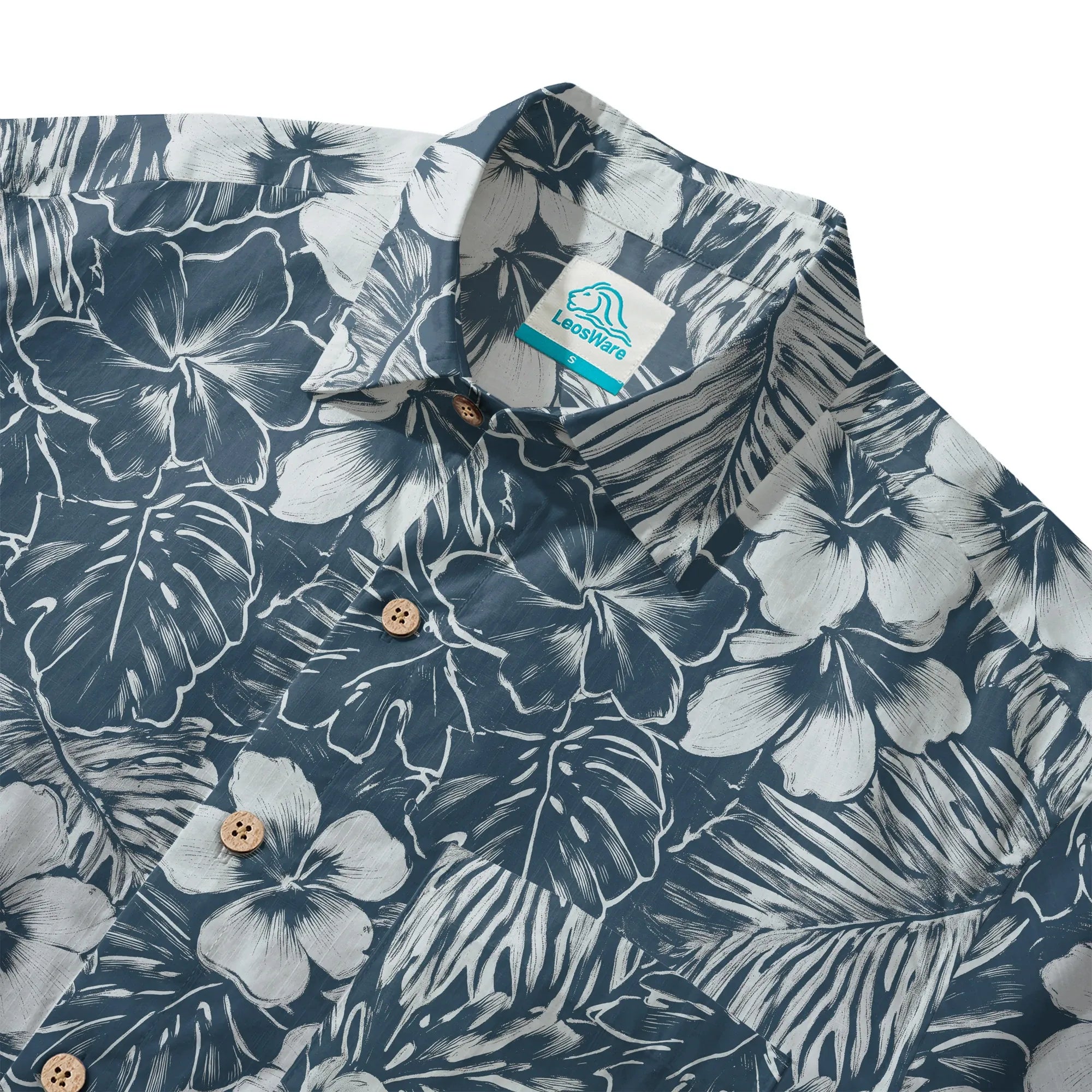 LeosWare® Hibiscus Flower Men's Hawaiian Shirt Short Sleeve Button-up 100% Cotton Blue Aloha Blue Ink Flower Shadows By Ann