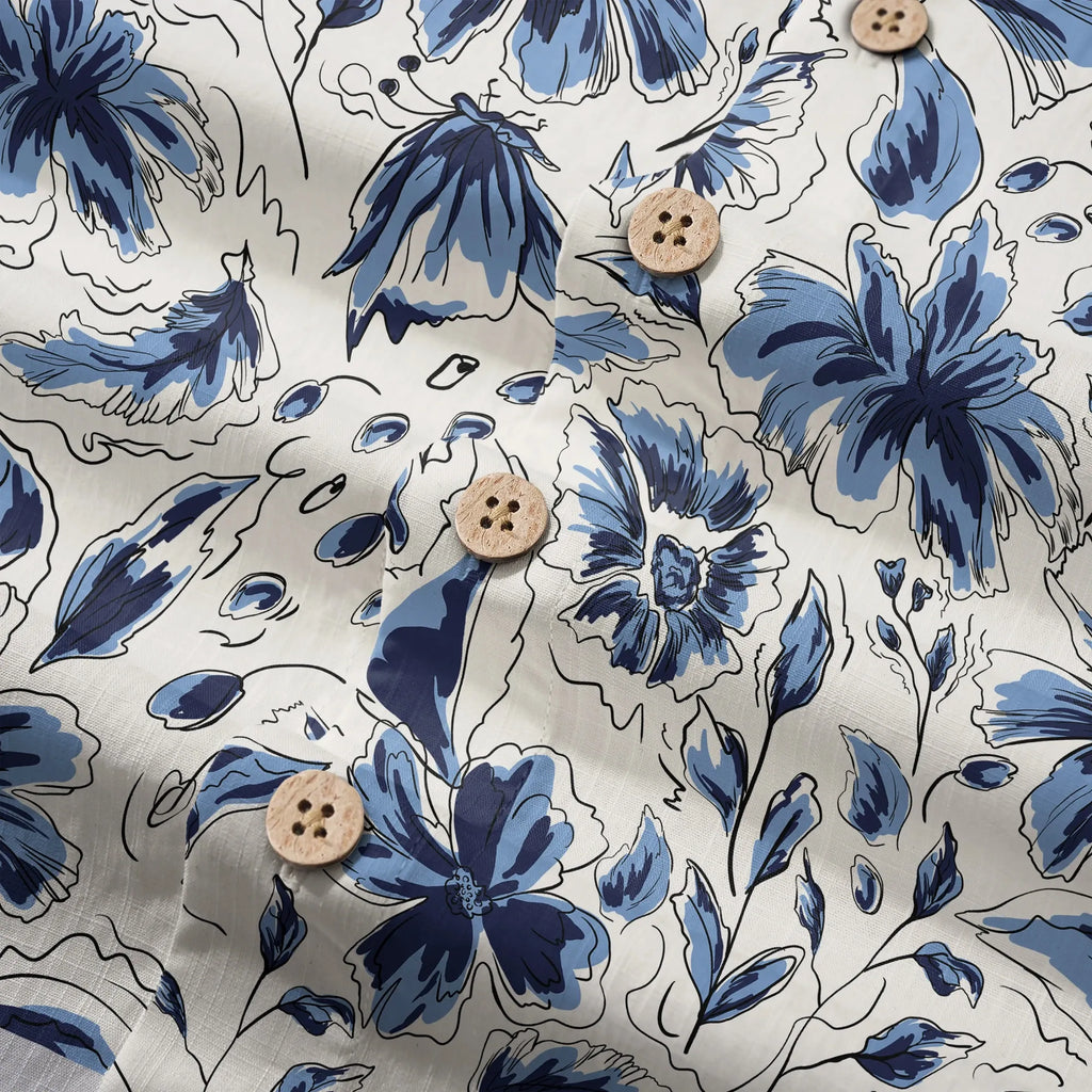 LeosWare® Men's Hawaiian Shirt Short Sleeve Button-up 100% Cotton Blue Aloha Indigo Blooms By Huan huan