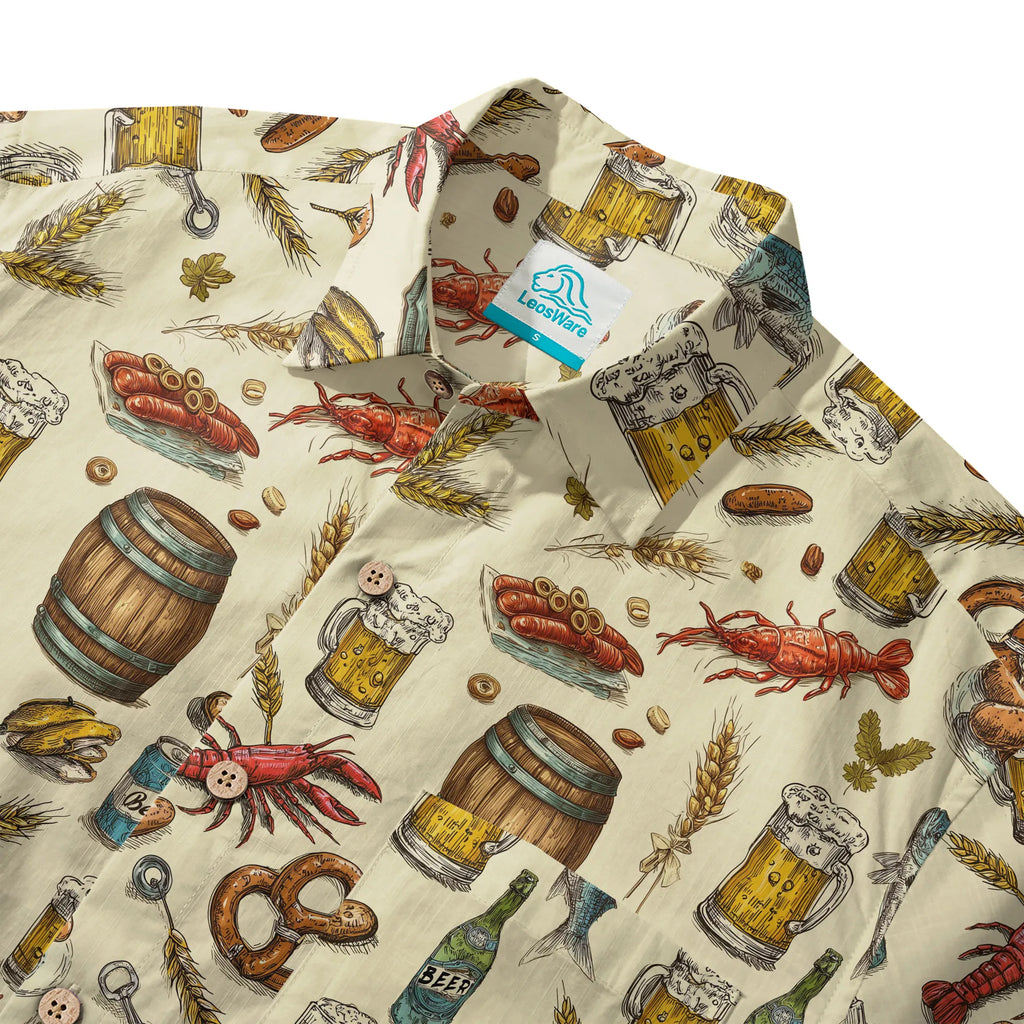 LeosWare® Men's Hawaiian Shirt Short Sleeve Button-up 100% Cotton Beige Aloha Taste Of The Beer Festival By Ann