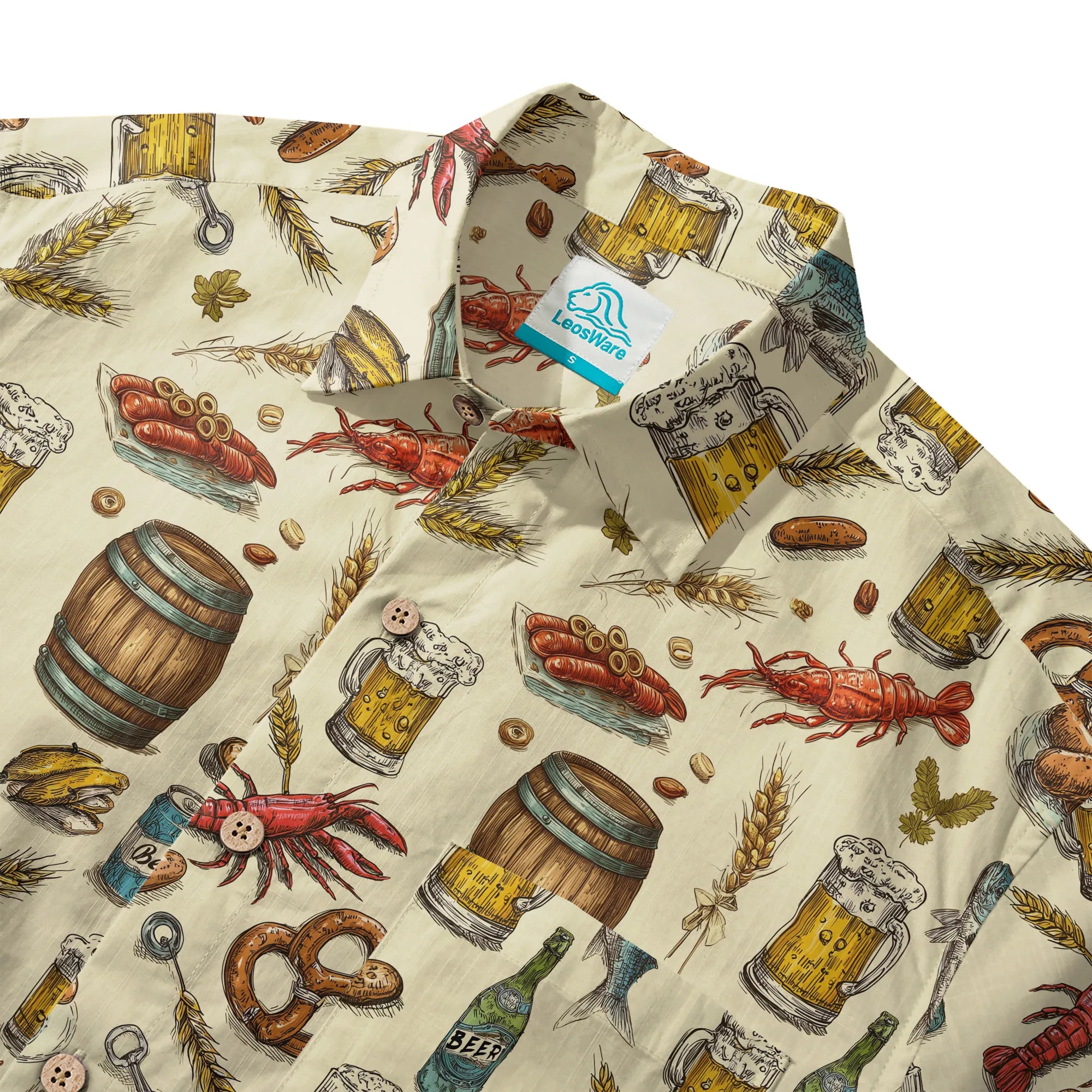 LeosWare® Men's Hawaiian Shirt Short Sleeve Button-up 100% Cotton Beige Aloha Taste Of The Beer Festival By Ann