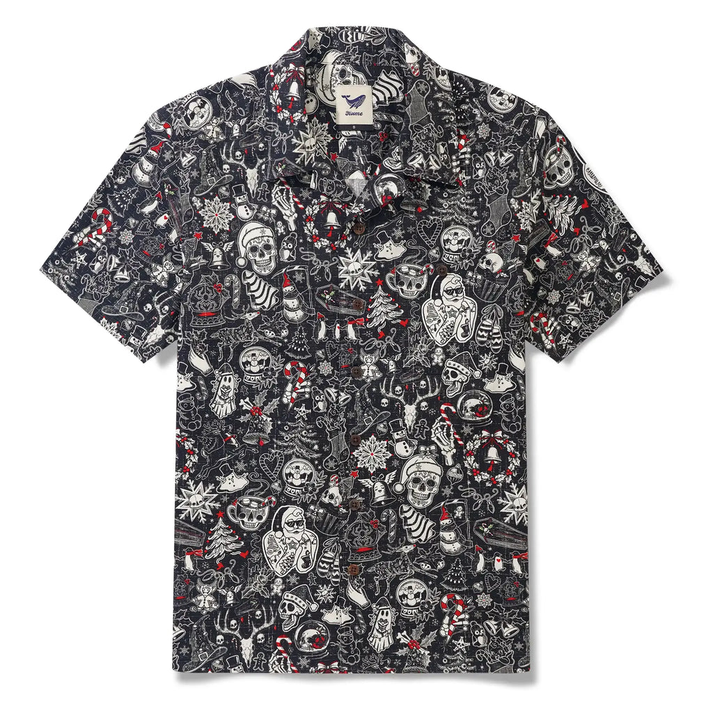 Christmas Gift Men's Hawaiian Shirt Short Sleeve Camp Collar 100% Cotton Black Aloha Christmas Party By Mo