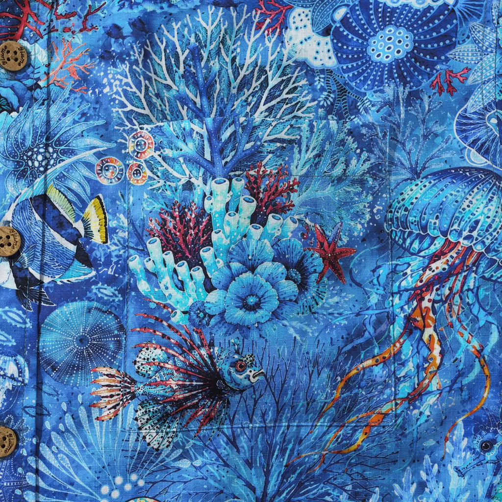 Men's Hawaiian Shirt Short Sleeve Button-down 100% Cotton Blue Aloha Watercolor Undersea Reverie By Cigar