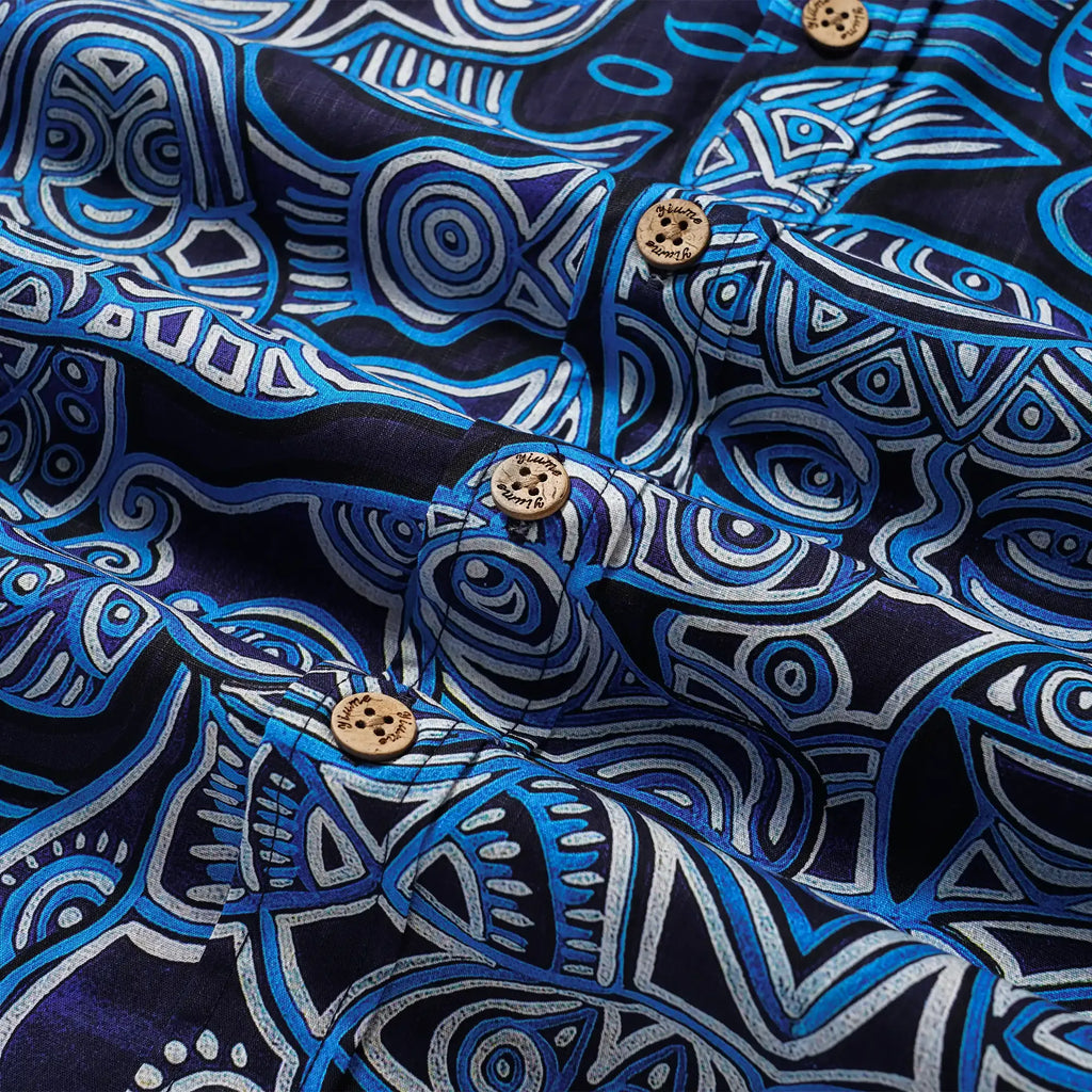 Men's Hawaiian Shirt Short Sleeve Button-down 100% Cotton Blue Aloha Azure Beast Illustration