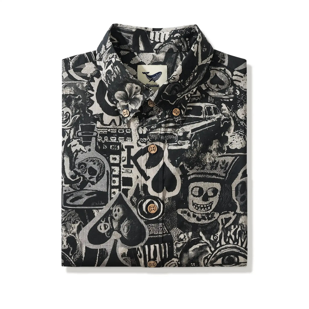 Men's Hawaiian Shirt Short Sleeve Button-down 100% Cotton Black Aloha Dark Poker Graffiti By Mo