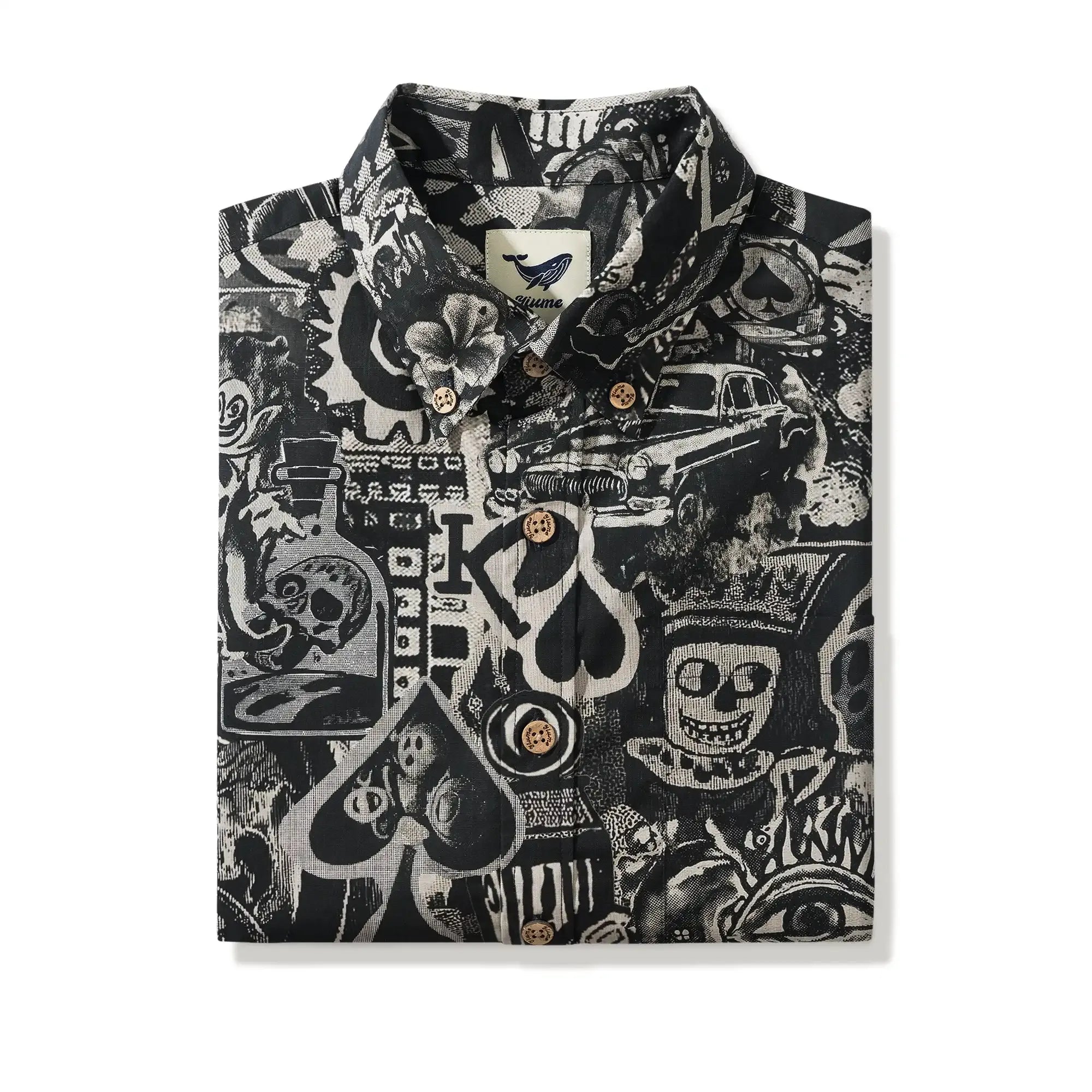 Men's Hawaiian Shirt Short Sleeve Button-down 100% Cotton Black Aloha Dark Poker Graffiti By Mo