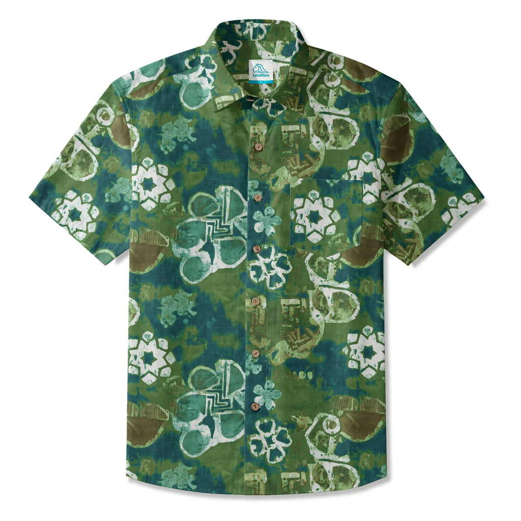 LeosWare® Men's Hawaiian Shirt Short Sleeve Button-up 100% Cotton Green Aloha Indigo Dyed Wax Flower By Ann