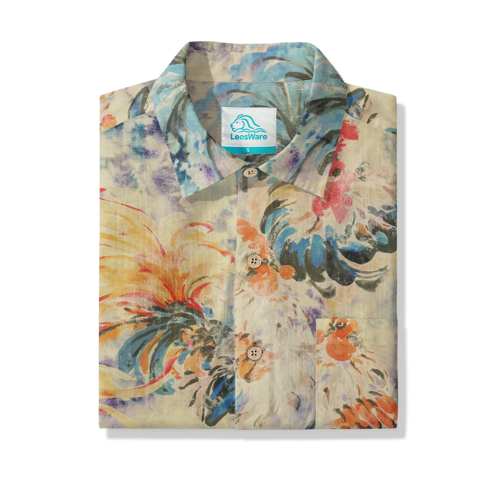 LeosWare® Men's Hawaiian Shirt Short Sleeve Button-up 100% Cotton Orange Aloha Enchanting Rooster By Huan huan