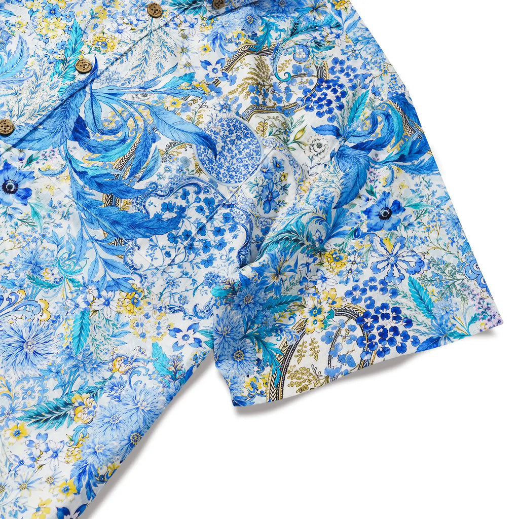 Men's Hawaiian Shirt Short Sleeve Button-down 100% Cotton Blue Aloha Sicilian Bloom By Mo