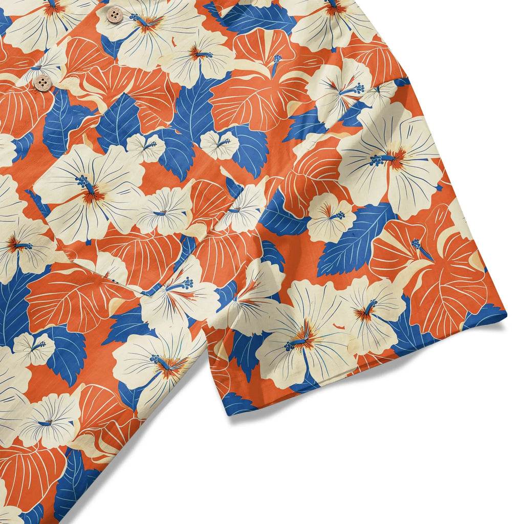 LeosWare® Men's Hawaiian Shirt Short Sleeve Button-up 100% Cotton Orange Aloha Orange Blue Hibiscus Whispers By Ann