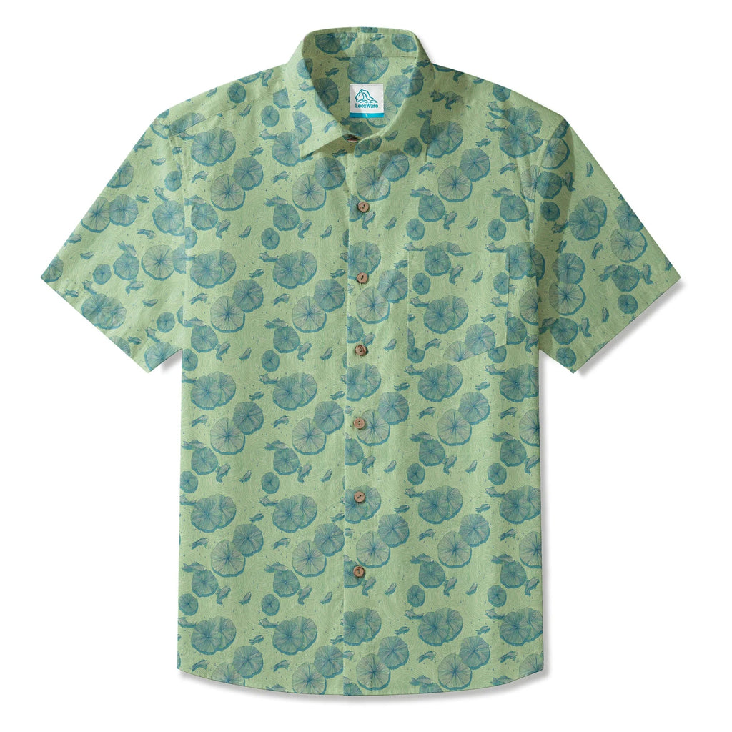 LeosWare® Chemise Hawaïenne pour Homme à Manches Courtes Boutonnée 100% Coton Vert Aloha Étang de Lotus en Début d'Été Par Ann