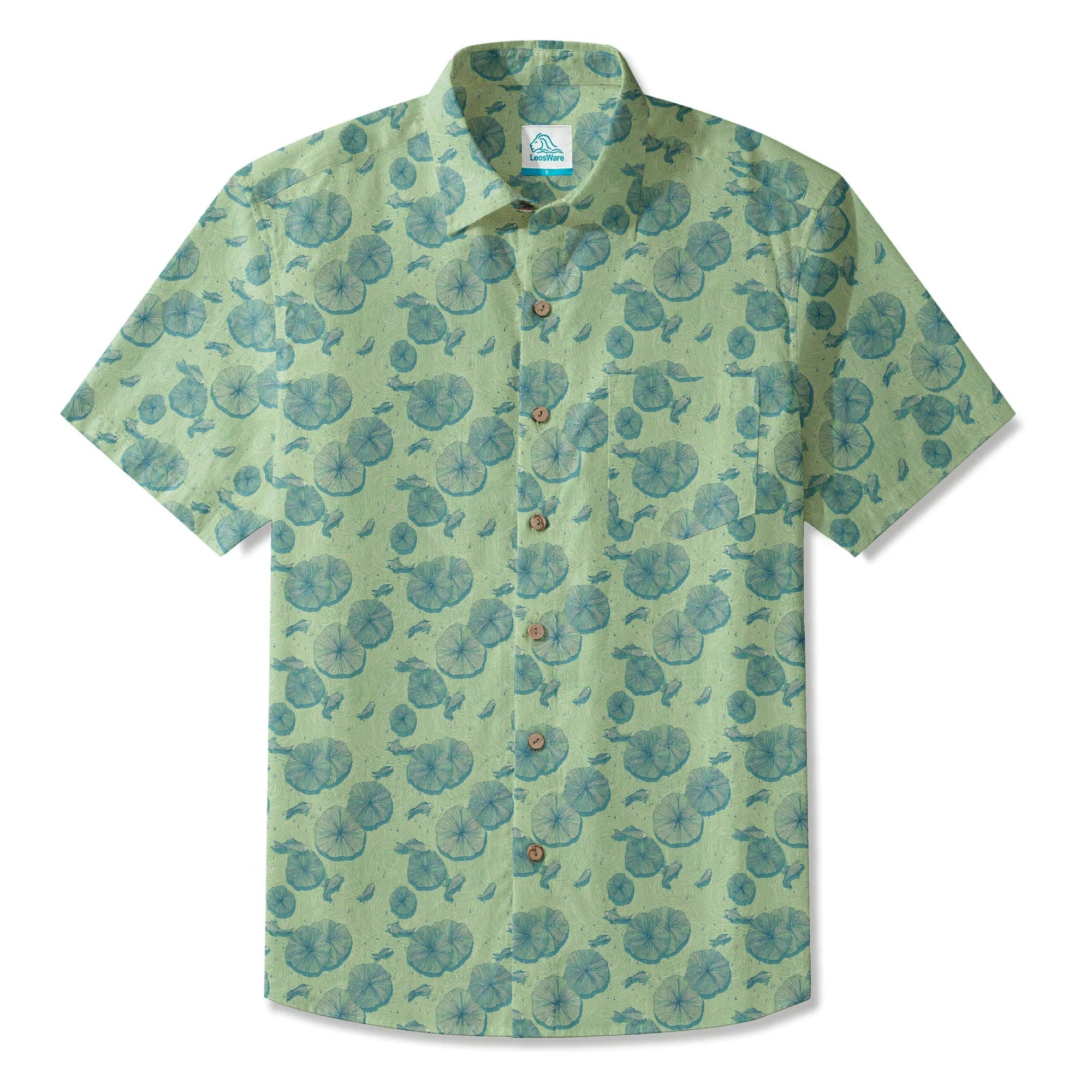 LeosWare® Chemise Hawaïenne pour Homme à Manches Courtes Boutonnée 100% Coton Vert Aloha Étang de Lotus en Début d'Été Par Ann