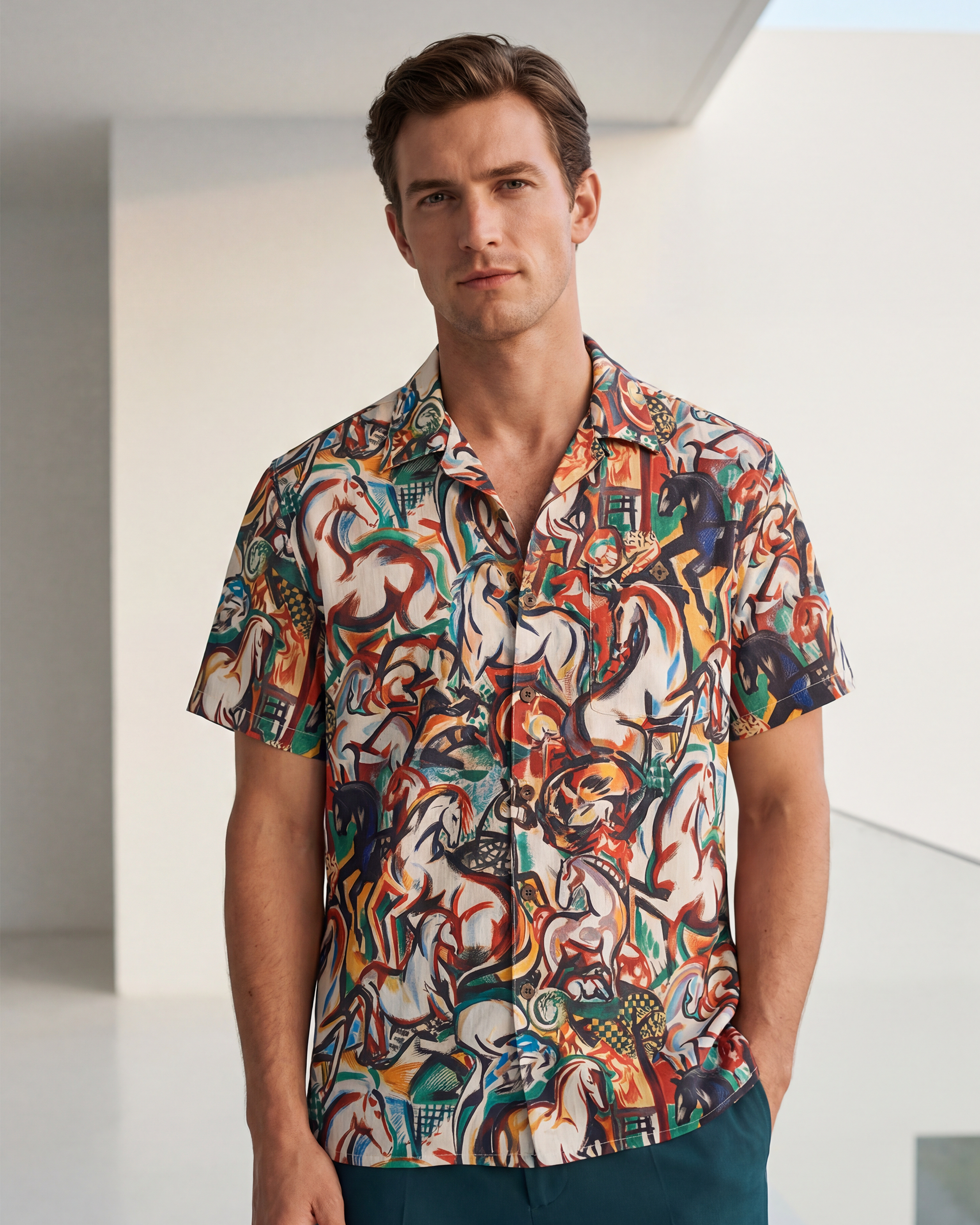 Men's Hawaiian Shirt Short Sleeve Camp Collar 100% Cotton Brown Aloha Stampede Artwear Year of the Horse 2026 By DUDU