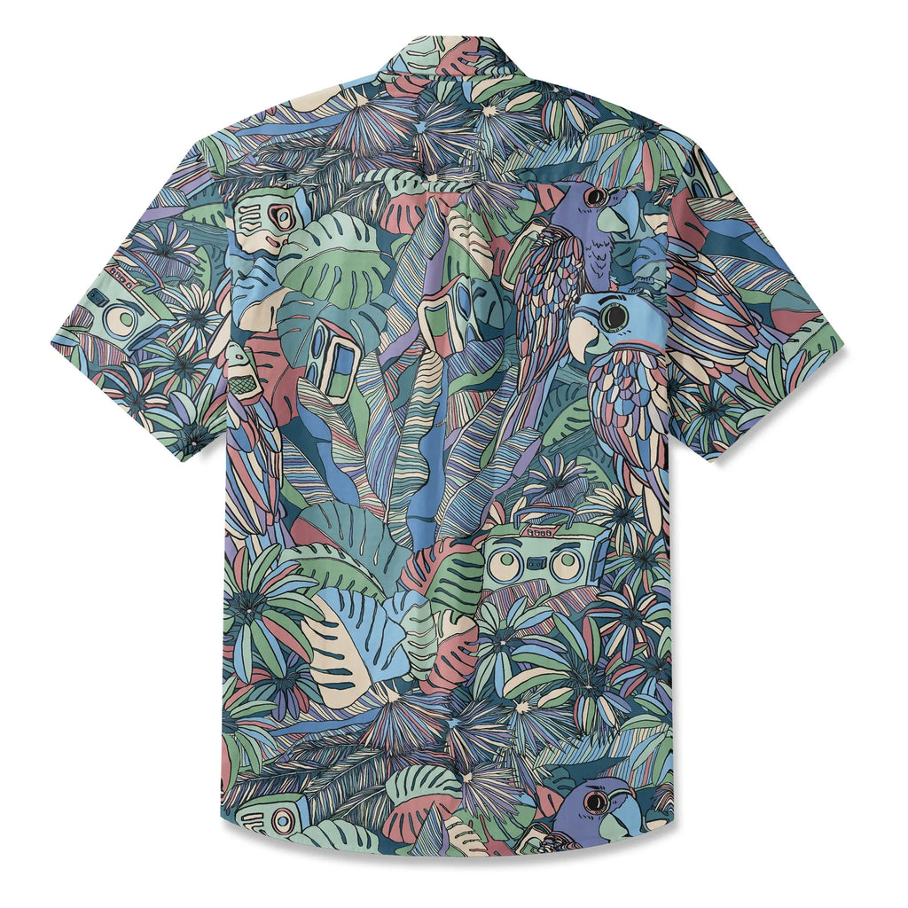 LeosWare® Men's Hawaiian Shirt Short Sleeve Button-up 100% Cotton Blue Aloha Parrot In The Enchanted Forest By Huan huan