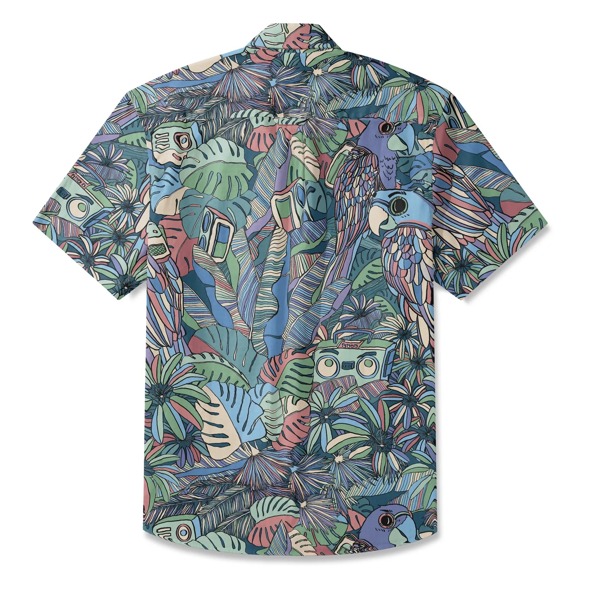 LeosWare® Men's Hawaiian Shirt Short Sleeve Button-up 100% Cotton Blue Aloha Parrot In The Enchanted Forest By Huan huan