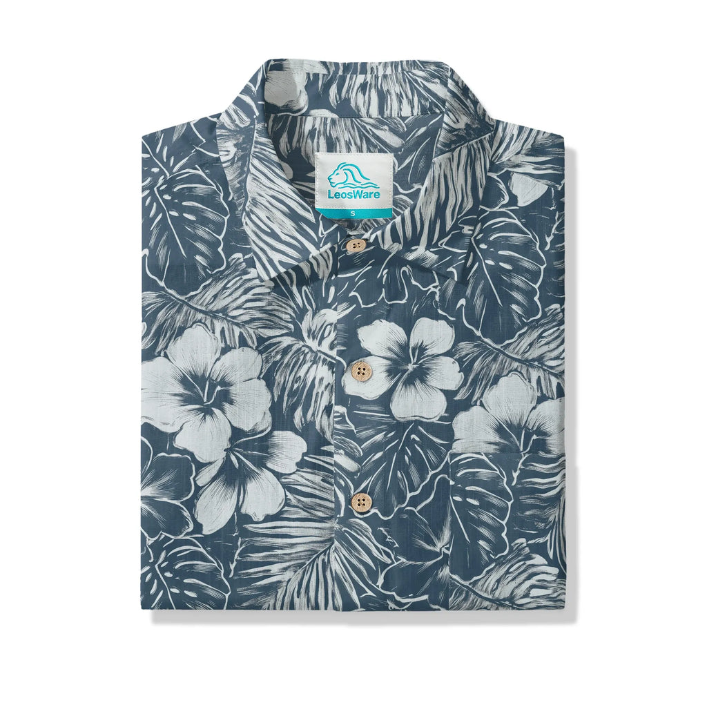 LeosWare® Hibiscus Flower Men's Hawaiian Shirt Short Sleeve Button-up 100% Cotton Blue Aloha Blue Ink Flower Shadows By Ann