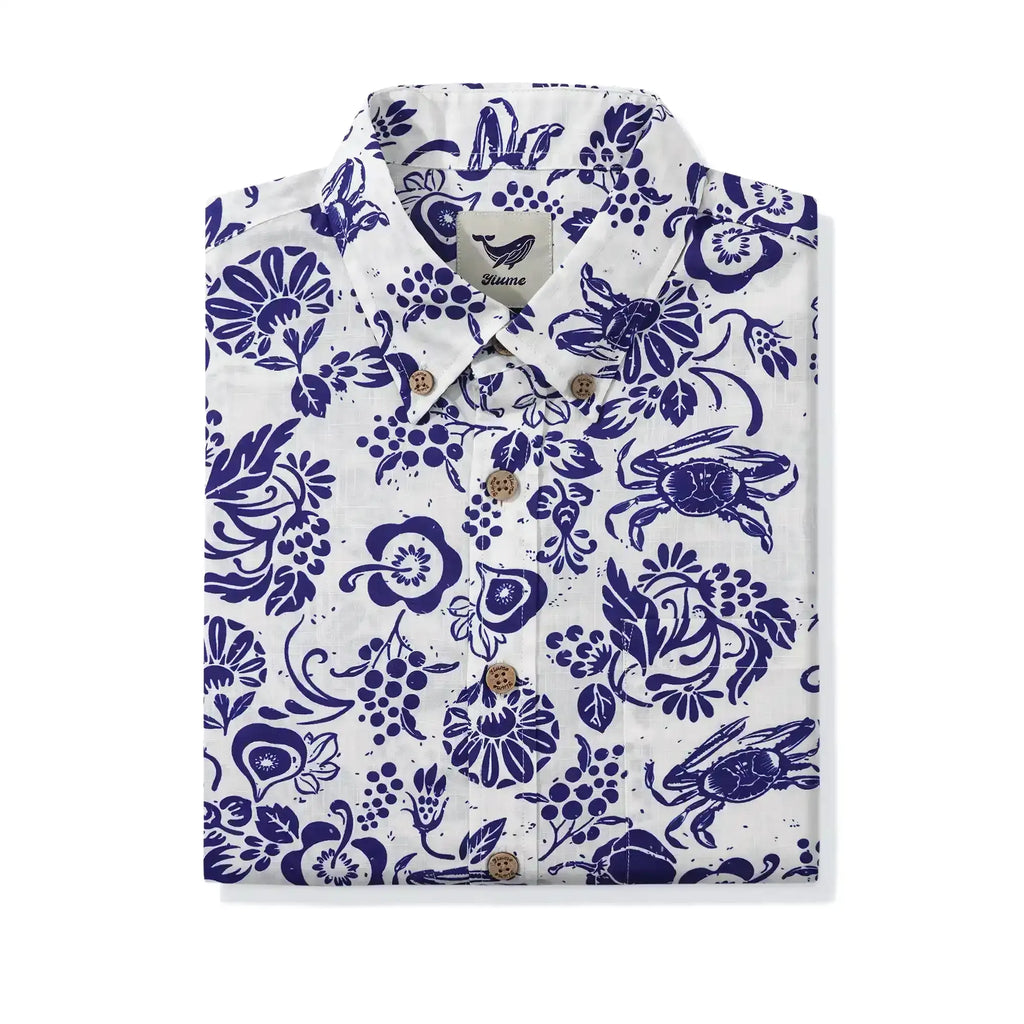Yiume Men's Retro Hawaiian Shirt Blue Batik Style Shirt 100% Cotton Short Sleeve Button-Down Wrinkle Free Shirt By Evan