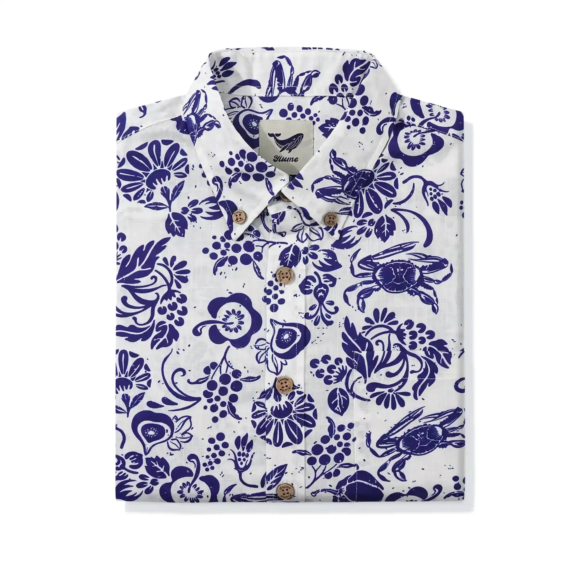 Yiume Men's Retro Hawaiian Shirt Blue Batik Style Shirt 100% Cotton Short Sleeve Button-Down Wrinkle Free Shirt By Evan