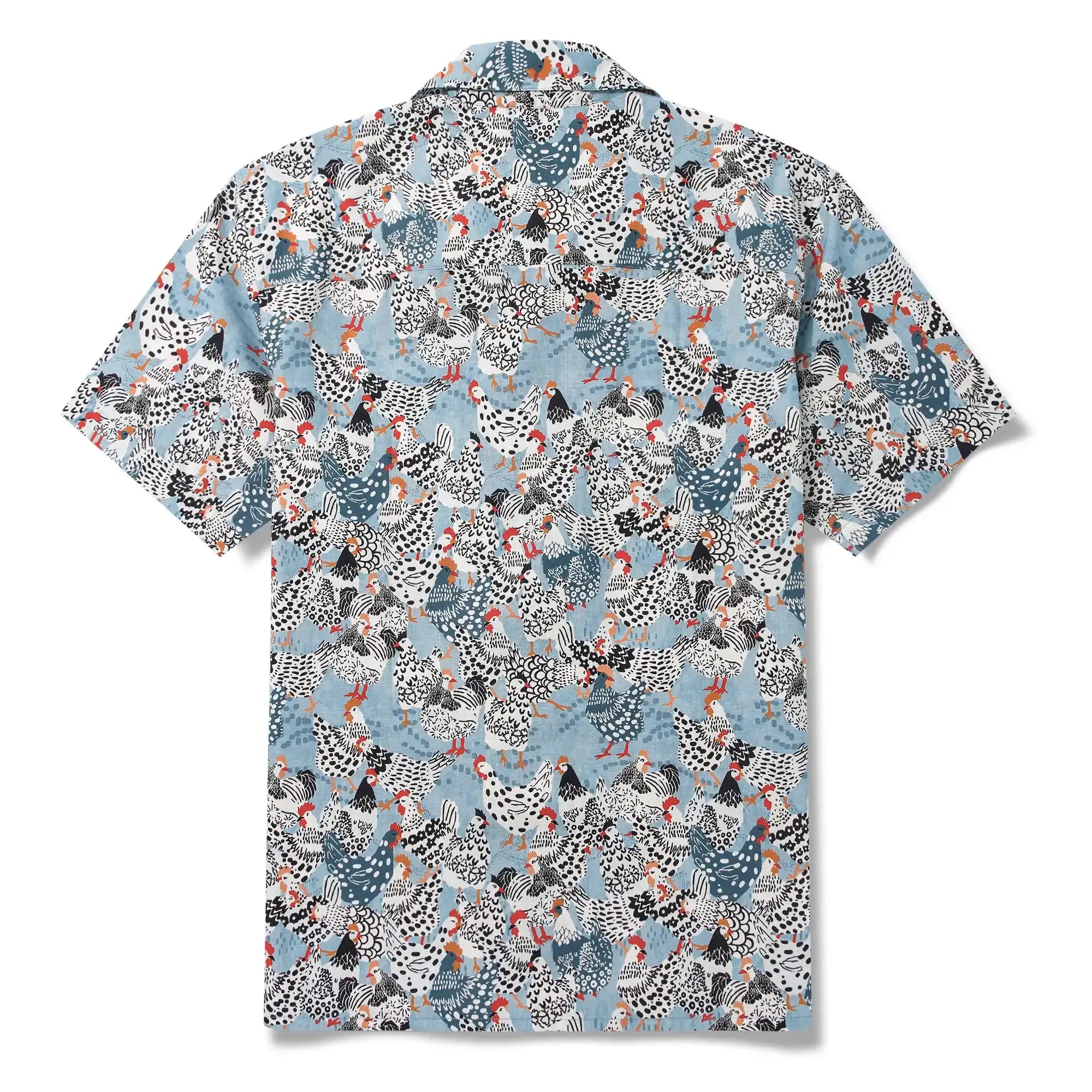 Men's Hawaiian Shirt Short Sleeve Camp Collar 100% Cotton Blue Aloha Clucking Chicken Friends By Annick
