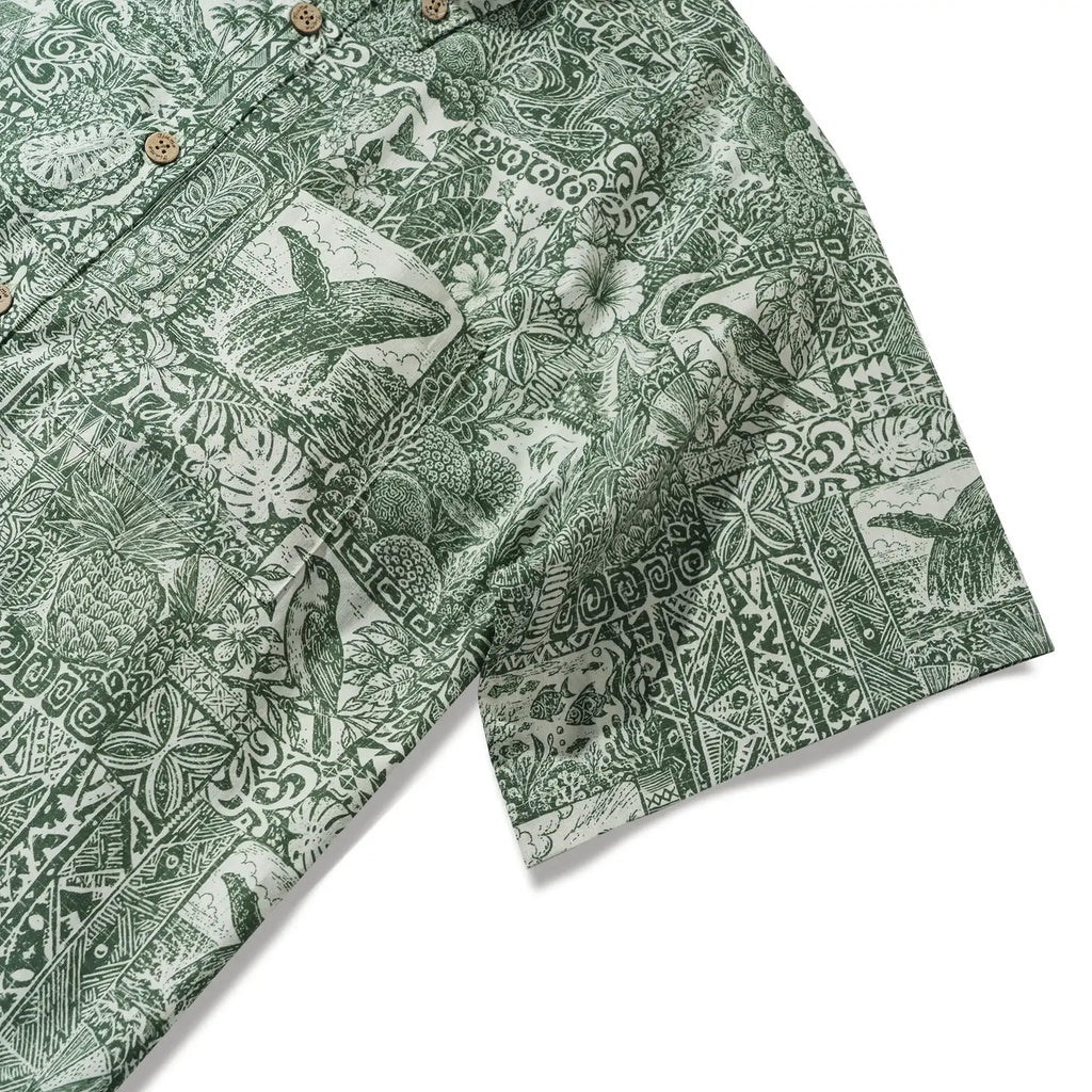 Men's Hawaiian Shirt Short Sleeve Button-down 100% Cotton Green Aloha Tiki Isle Archive - Sage green By Cigar