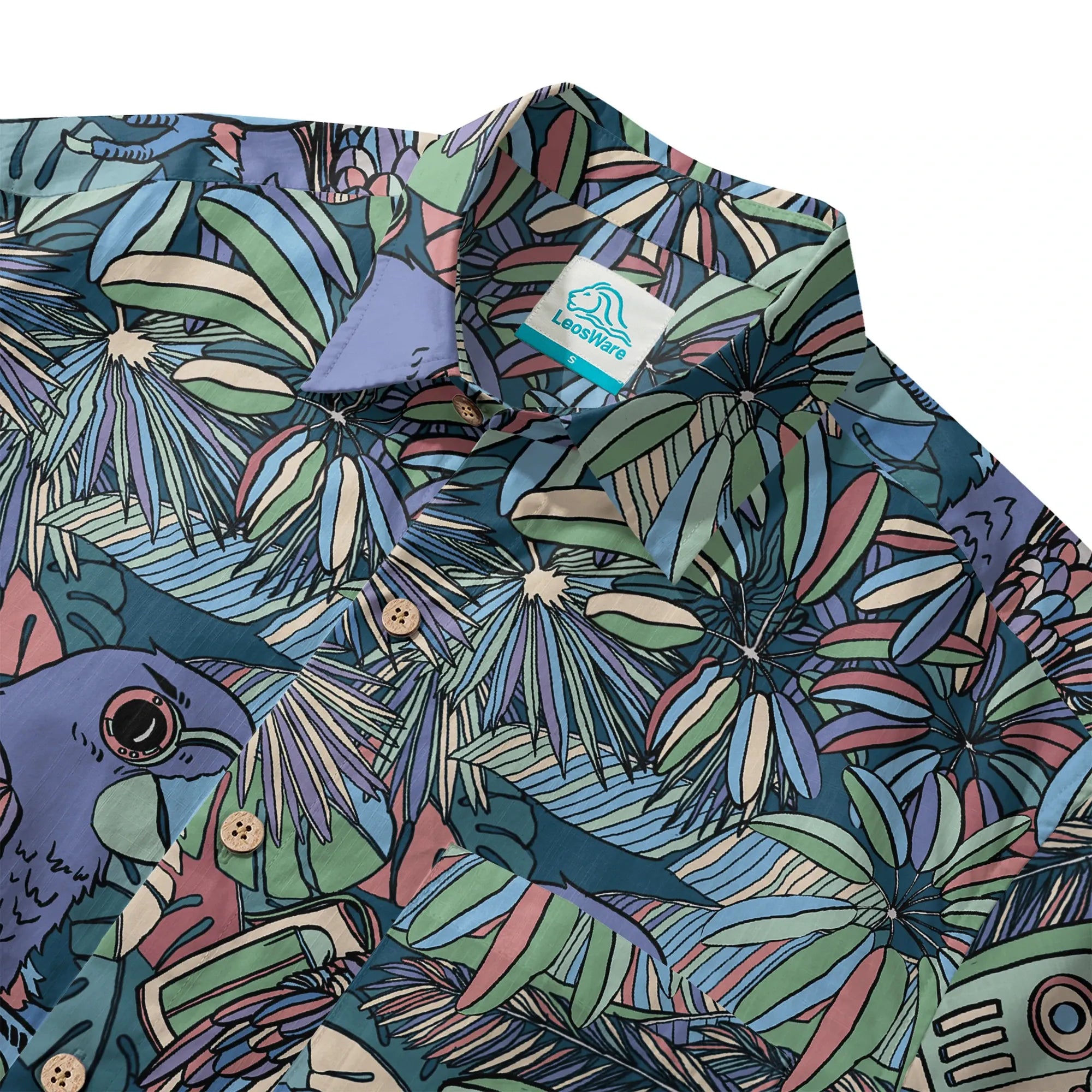 LeosWare® Men's Hawaiian Shirt Short Sleeve Button-up 100% Cotton Blue Aloha Parrot In The Enchanted Forest By Huan huan