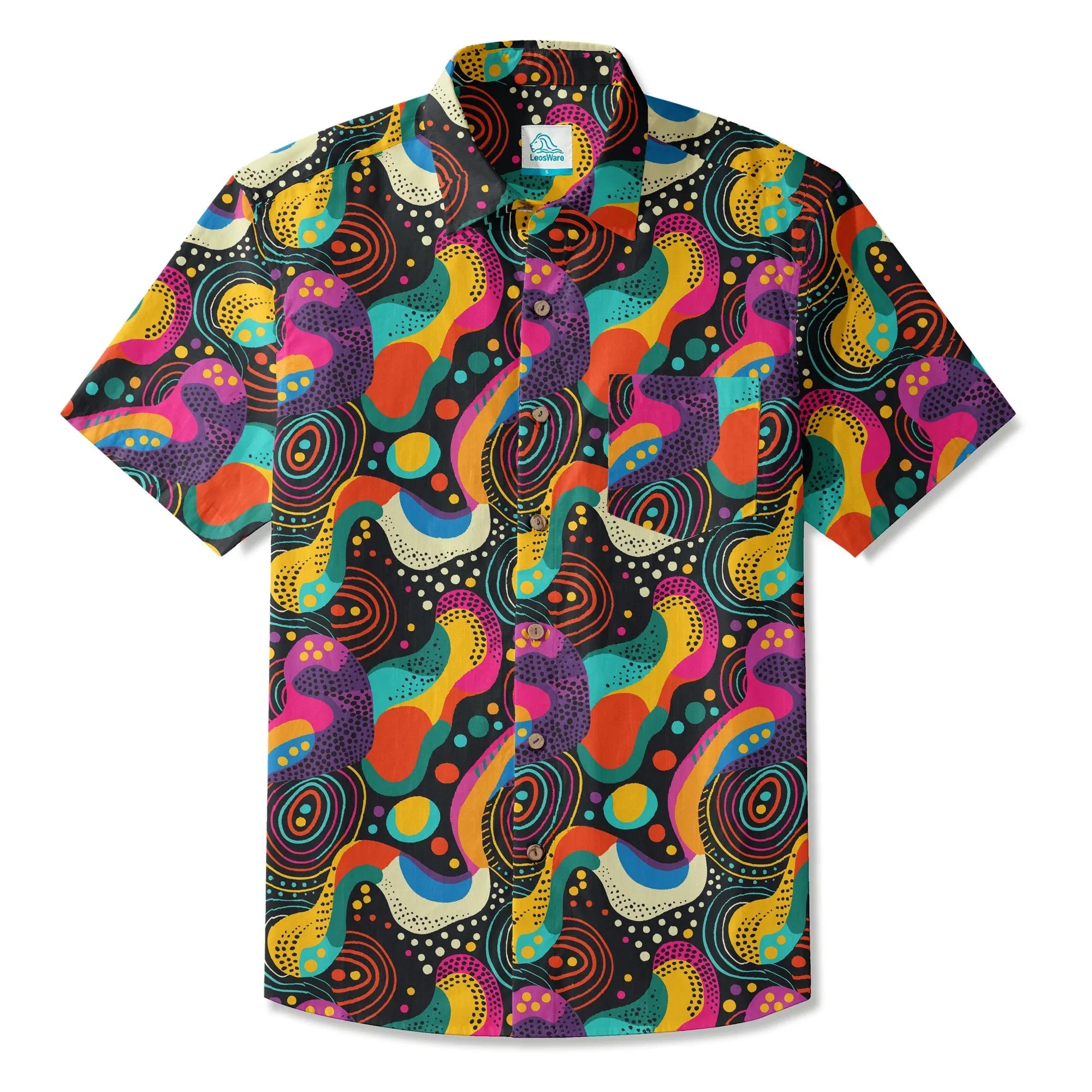 Chemise hawaïenne pour hommes LeosWare® à manches courtes avec boutons 100 % coton noire Aloha Neon Pop Fantasia par Ann