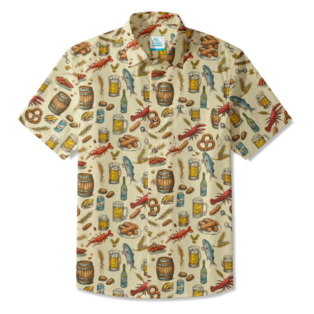 LeosWare® Men's Hawaiian Shirt Short Sleeve Button-up 100% Cotton Beige Aloha Taste Of The Beer Festival By Ann