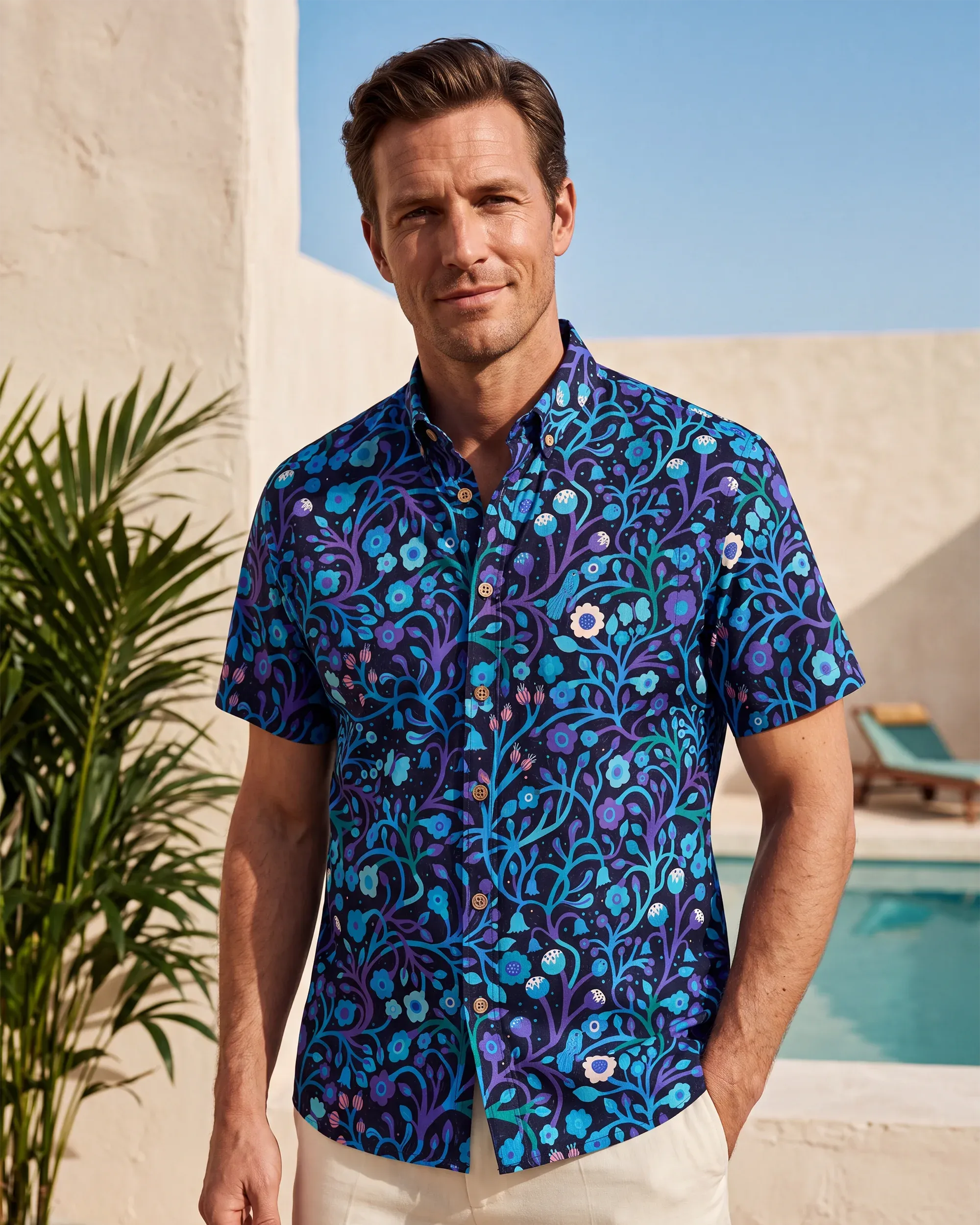 Yiume Men's Blue and Purple Hawaiian Shirt Short Sleeve Button-down Shirt 100% Cotton Aloha Shirt By Mo