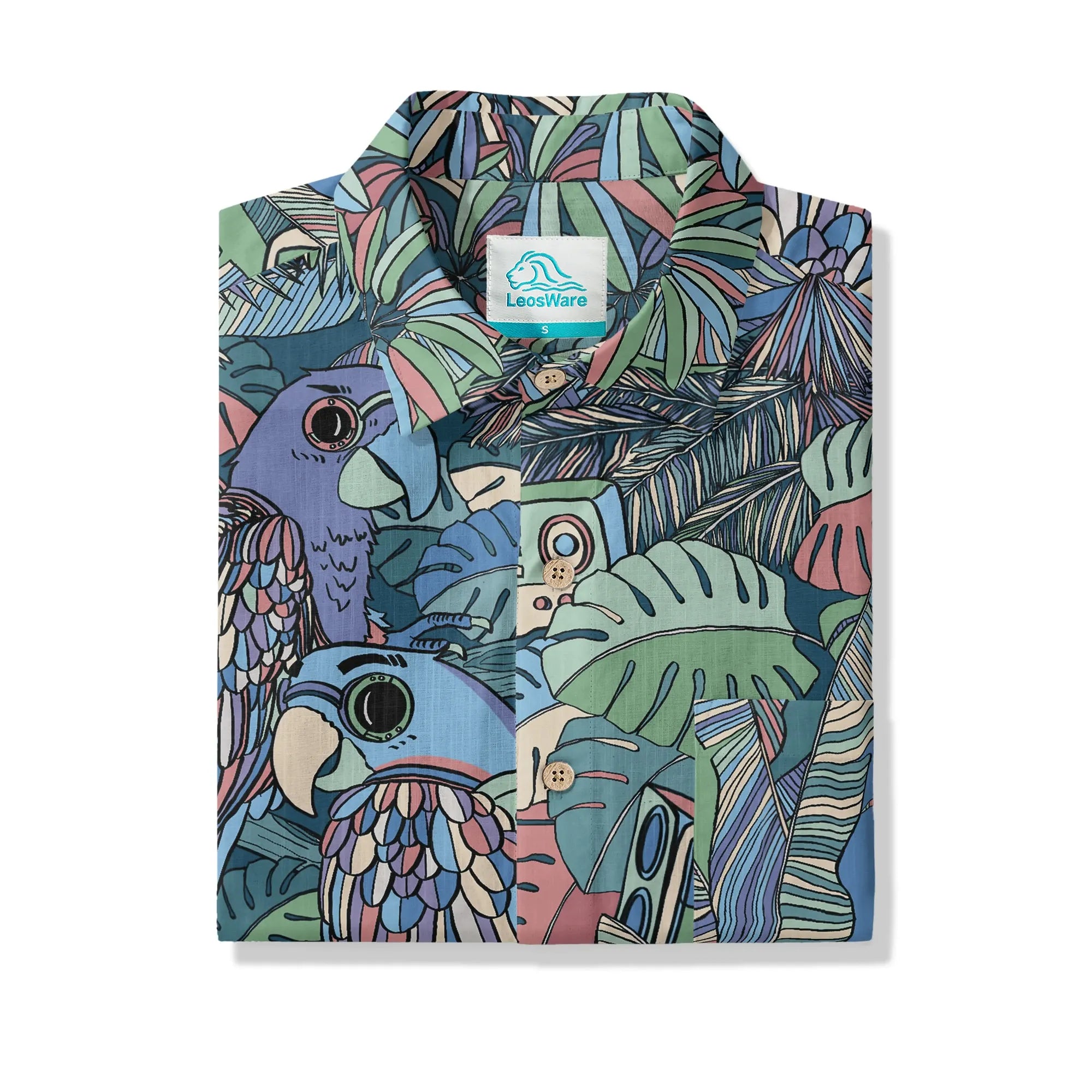 LeosWare® Men's Hawaiian Shirt Short Sleeve Button-up 100% Cotton Blue Aloha Parrot In The Enchanted Forest By Huan huan