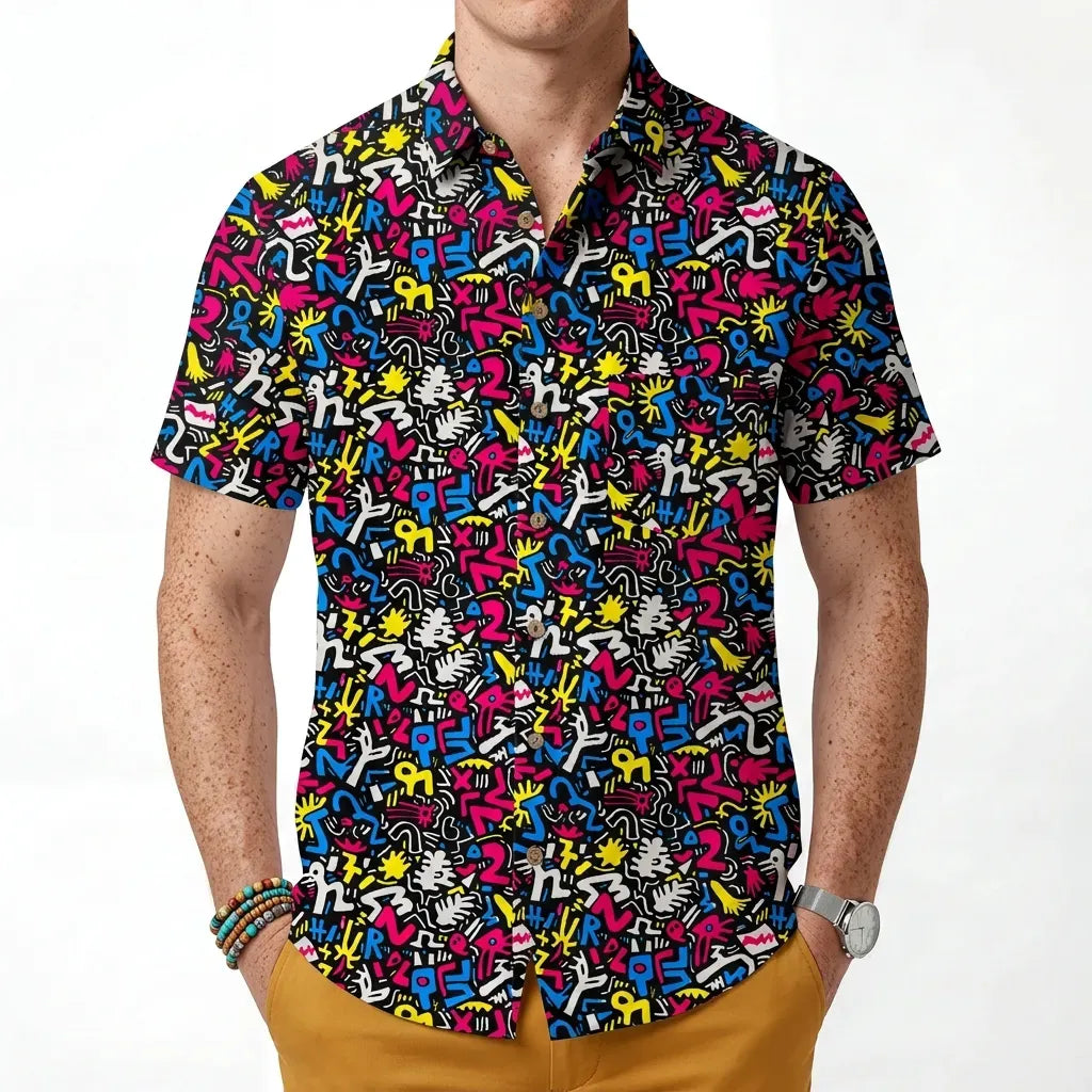LeosWare® Men's Hawaiian Shirt Short Sleeve Button-up 100% Cotton Black Aloha Graffiti Fun By Ann