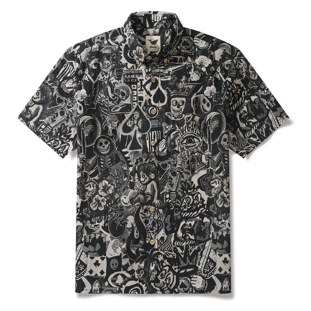 Men's Hawaiian Shirt Short Sleeve Button-down 100% Cotton Black Aloha Dark Poker Graffiti By Mo