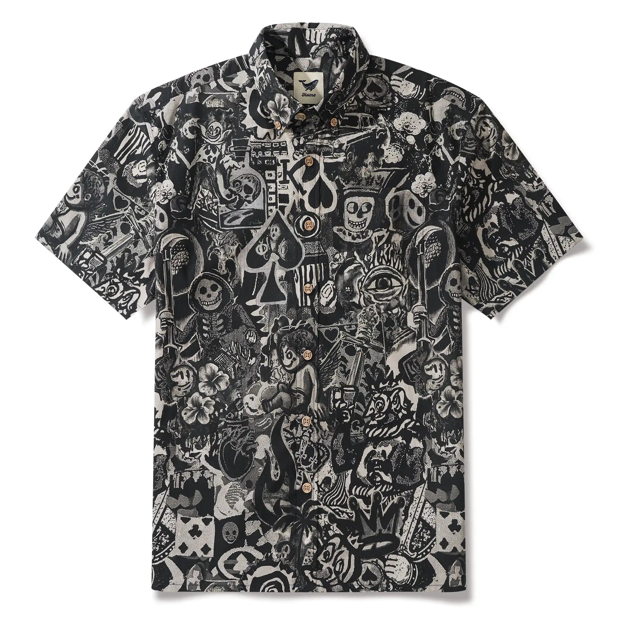 Men's Hawaiian Shirt Short Sleeve Button-down 100% Cotton Black Aloha Dark Poker Graffiti By Mo